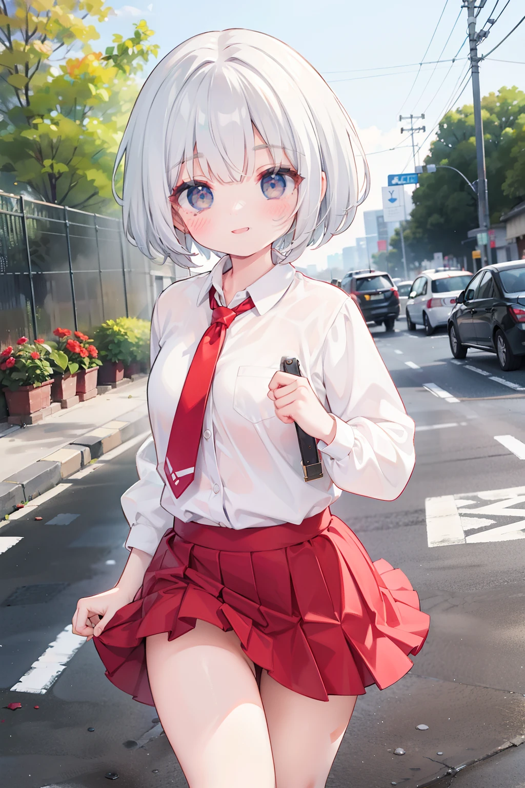 happy 1girl running by the puddles in the footpath, 21-year-old girl's cool style, beauty eyes, sharp eyes. Her Asymmetric Pixie hairstyle, silver hair, short hair, and left-facing bangs with red highlights make her stand out. Smile, She's dressed fashioned white collar shirt, (red Short skirt), red tie, sunny, expressive, exaggerated, ultra detailed, splashes