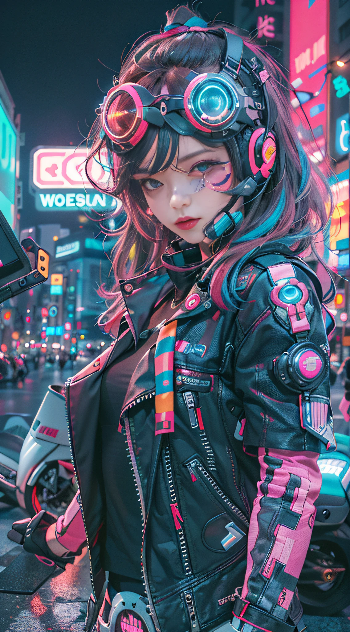 masterpiece, best quality, Confident cyberpunk girl, full body shot, ((standing in front of motorcycle)), Harajuku-inspired pop outfit, bold colors and patterns, eye-catching accessories, trendy and innovative hairstyle, vibrant makeup, Cyberpunk dazzling cityscape, skyscrapers, neon signs, LED lights, bright and vivid color scheme, anime, illustration, detailed skin texture, detailed cloth texture, beautiful detailed face, intricate details, ultra detailed.