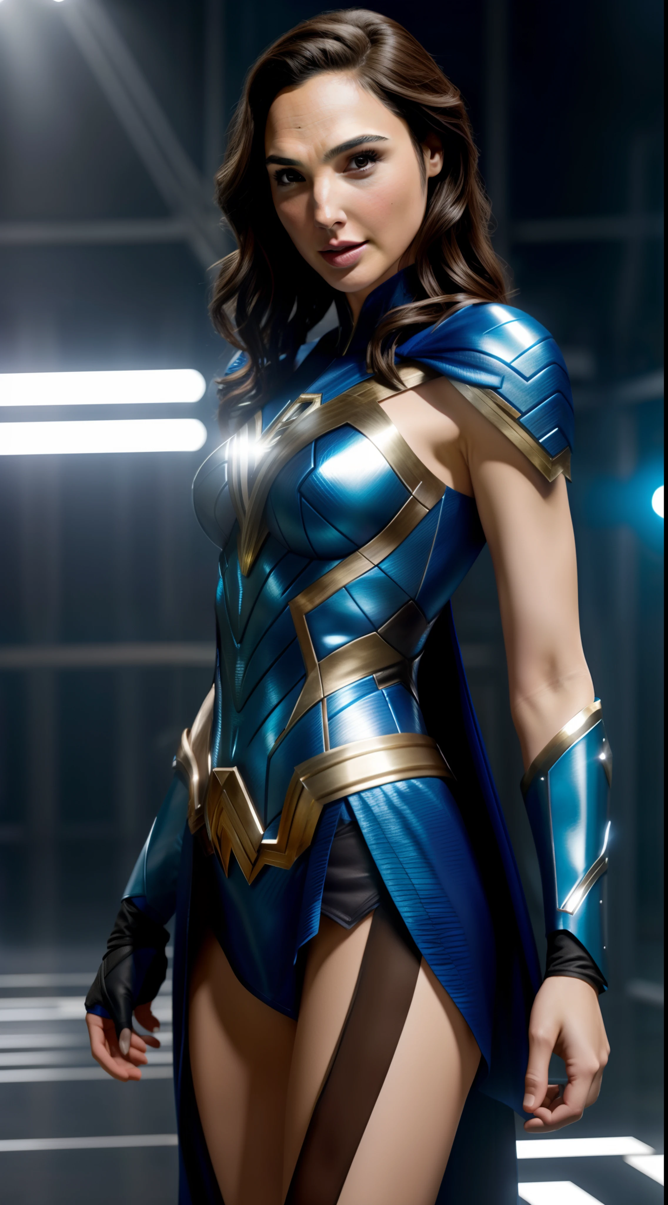 Gal Gadot, white & blue design  costume, beautiful Gal Gadot, ultra realistic 8K