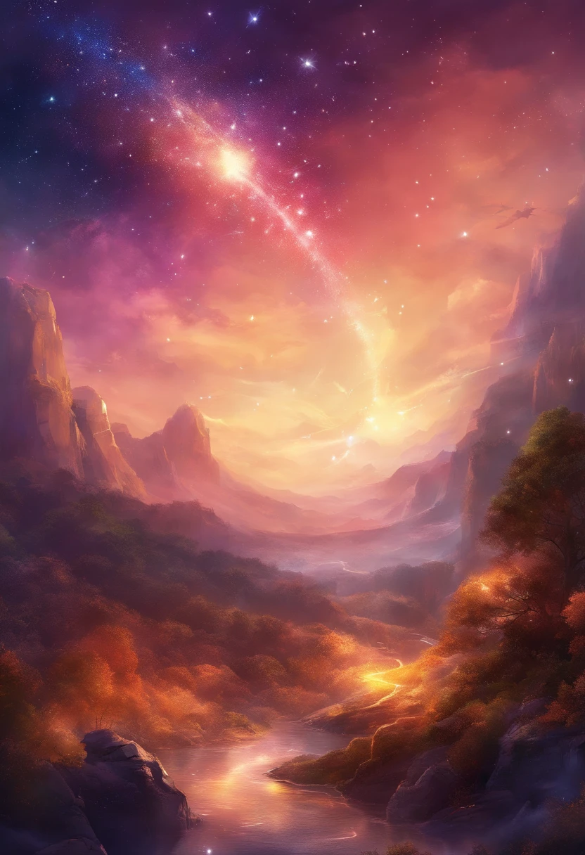 Beautiful starry sky strewn with stars and comets flying past