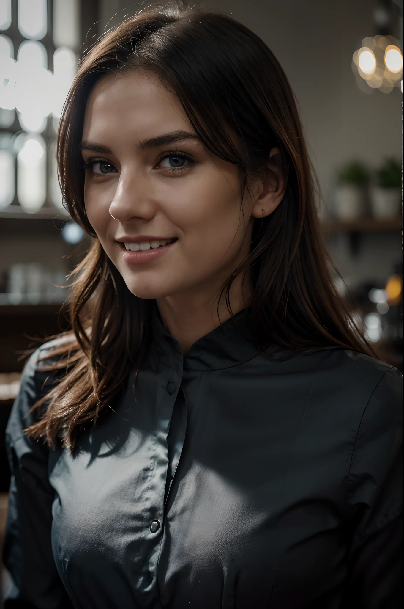 .RAW, analog, Nikon Z 85mm,((best quality)), ((Meisterwerk)), ((realistisch)),Vintage-Bild, beautiful Dutch woman, professional clothing, fully dressed 30 Jahre alt, posiert in einer Bar im schwarzen Kleid, big smile with teeth, die zeigen, (Sommersprossen:0.6), Komplizierte Details, Highly detailed, Scharfer Fokus, Professionell, 4K, god rays, Handmodell, Atemberaubende blaue Augen, klein, hight resolution, detailed facial features, Hohe Detailgenauigkeit, Scharfer Fokus, glatt, Extrem detailliert, Foto_\(Ultra\), fotorealistisch, realistisch, Nachbearbeitung, Max. Detailgenauigkeit, Rauhigkeit, wirkliches Leben, Ultra realistisch, Fotorealismus, 8K UHD, SEMI-SILHOUETTE Licht, hollandisches Gesicht
