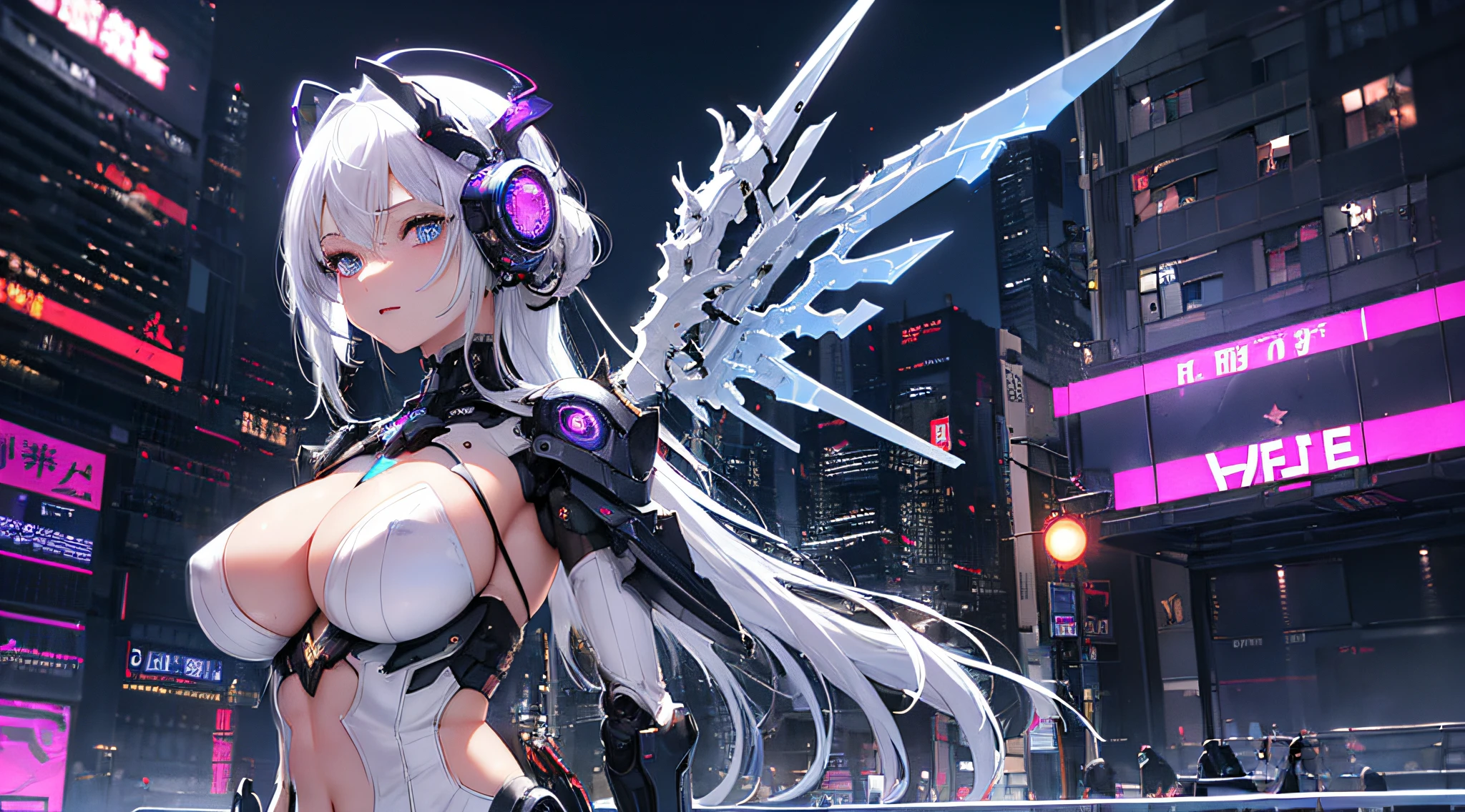 top-quality、​masterpiece、超A high resolution、(Photorealsitic:1.4)、Raw photo、Steampunk Battle Cyborg Angel、large wings made of metal、White porcelain body、Acrylic Clear Cover、white hair、glowy skin、1 Cyborg Girl、((super realistic details))、portlate、globalillumination、Shadow、octan render、8K、ultrasharp、character edge light,Colossal tits、Raw skin is exposed in cleavage、Details of complex ornaments、Sumerian details、Hydraulic cylinder、Small LED lamp、highly intricate detail、Realistic light、a purple eye、radiant eyes、Facing the camera、neon details、cowboy shot、Futuristic headgear、About Cyberpunk、