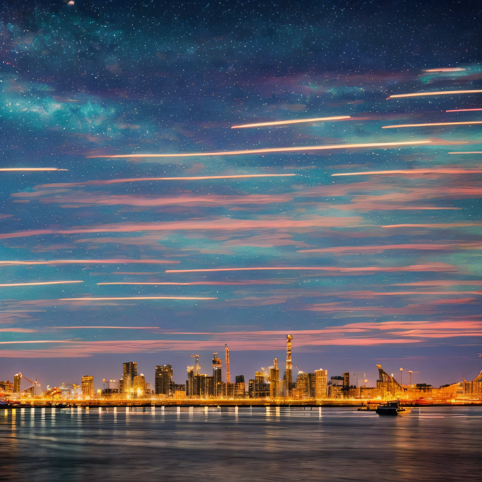 Under a canopy of shimmering stars, the port comes alive with nocturnal energy. As the vast expanse of the universe unfolds overhead, below, the sprawling container port awakens with its own set of constellations. Towering cranes cast long, intricate shadows, moving with precision as they load and unload behemoth vessels. Containers, aglow with ambient port lighting, form a patchwork of colors and codes. The distant hum of machinery mingles with the soft lapping of waves against the docks. In this dance of commerce and cosmos, humanity's drive for connection meets the timeless wonder of the night sky.