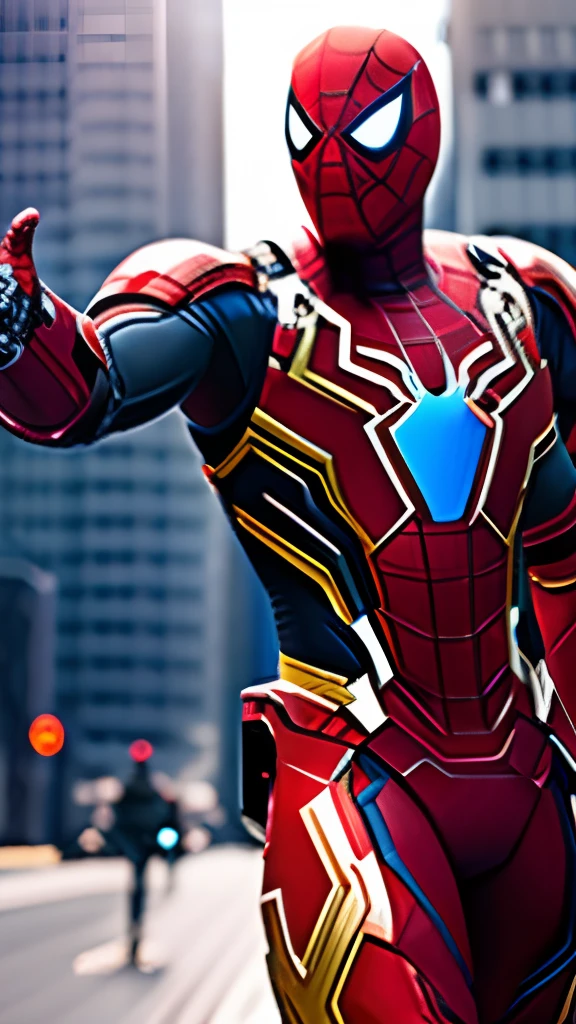 Spiderman wearing Ironman suit ,4k, high detail,rtx on, unreal engine 5, dinamic light ,full body armor, mech robotik