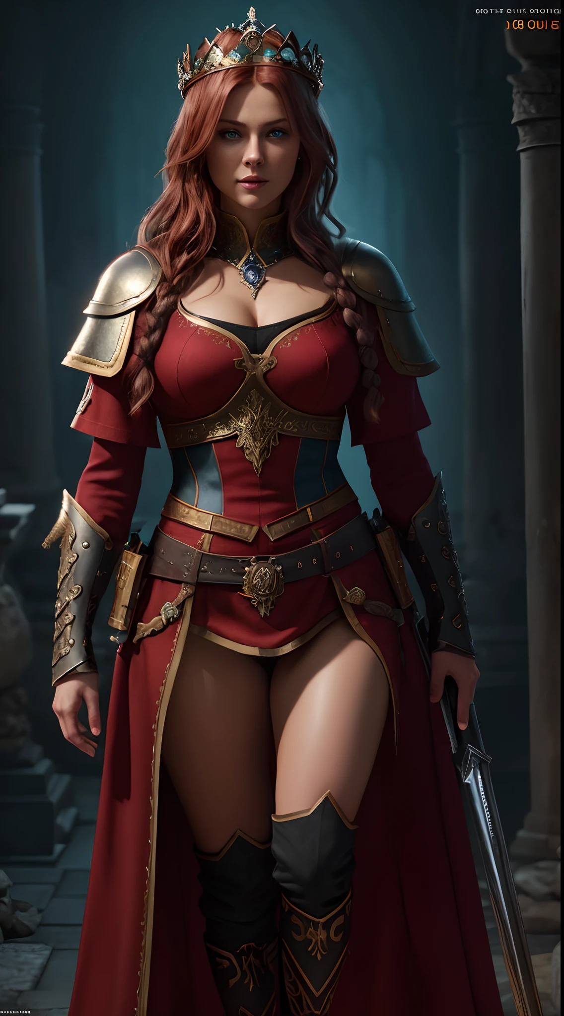 Full body Portrait of the Great Nordic Queen, a very gorgeous woman, 45 years old, erotic warrior costumes, dark red styled fluffy hair, sexy woman, natural Blue eyes, a nose with a bump, an elongated chin, dressed in ancient national,
8k resolution, dynamic lighting hyperdetailed intricately detailed Splash art trending on Artstation triadic colors Unreal Engine 5 volumetric lighting, oil painting, heavy strokes