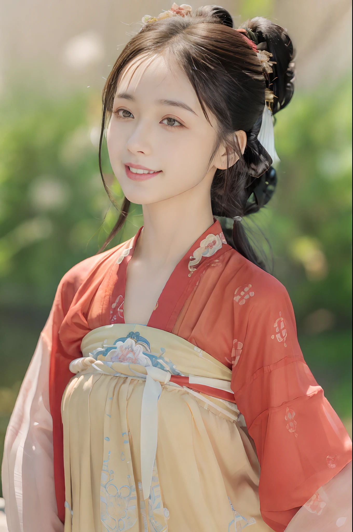 Best quality at best,tmasterpiece,超高分辨率,(photo-realistic:1.4),8K raw photos, A high resolution,Ancient Chinese red Hanfu,Beautiful pattern,beautiful eyes in detail, long eyelasher, RAW photogr, face to the viewer, The upper part of the body, Close-up Shot Shot, ((( Landscape background))),(((1girll))),独奏,Upper body smile,heads,low tune, Beautiful hairstyle,No action