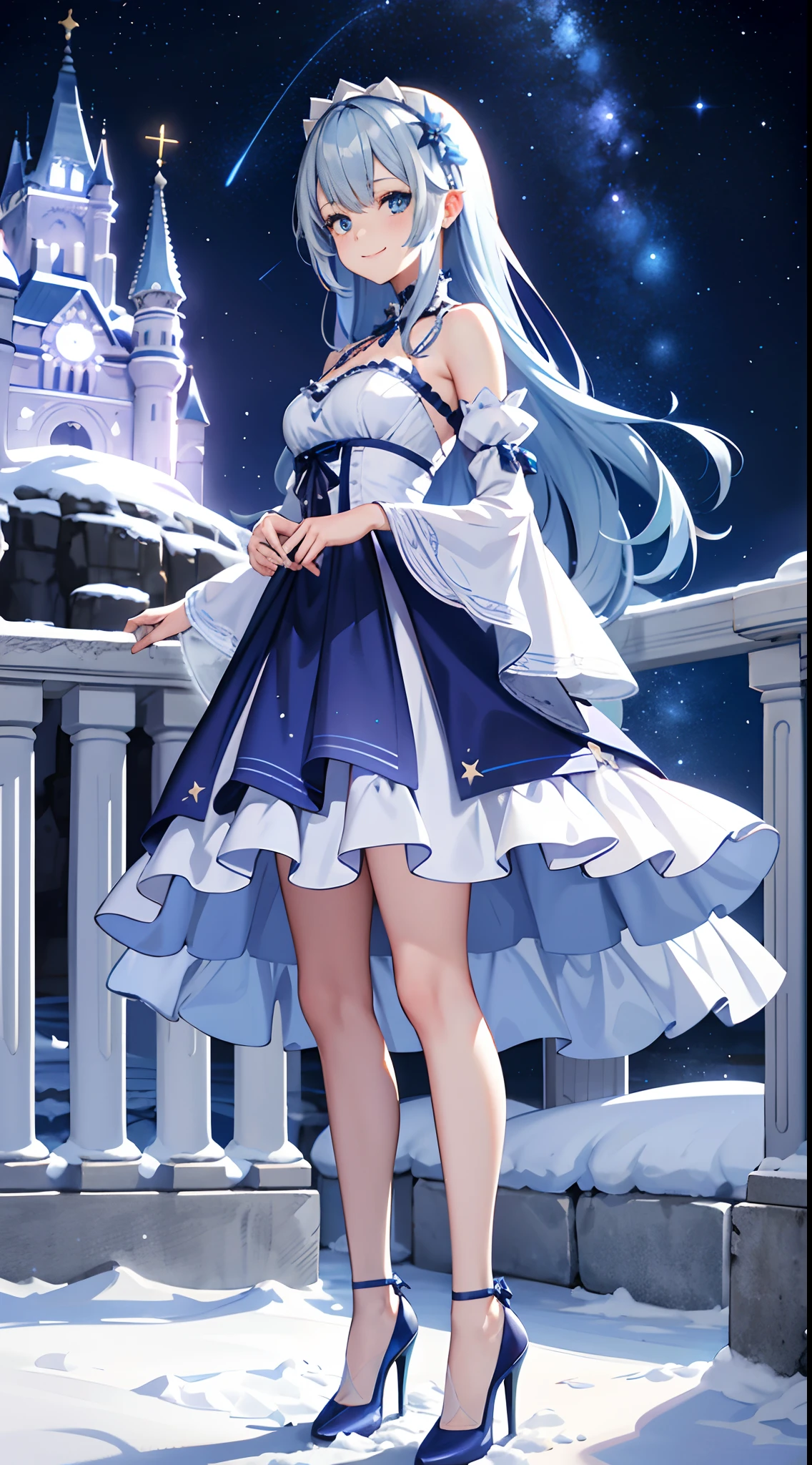 A teenage girl,adorable smiling、long, flowing blue hair,Blue gradient hair color,Wear a gorgeous lilac Lolita dress,high-heels、snowscape、Behind it is a silvery-white castle covered in snow,night starly sky,meteor shower,Galactic,Delicate facial features,Delicate costume depiction