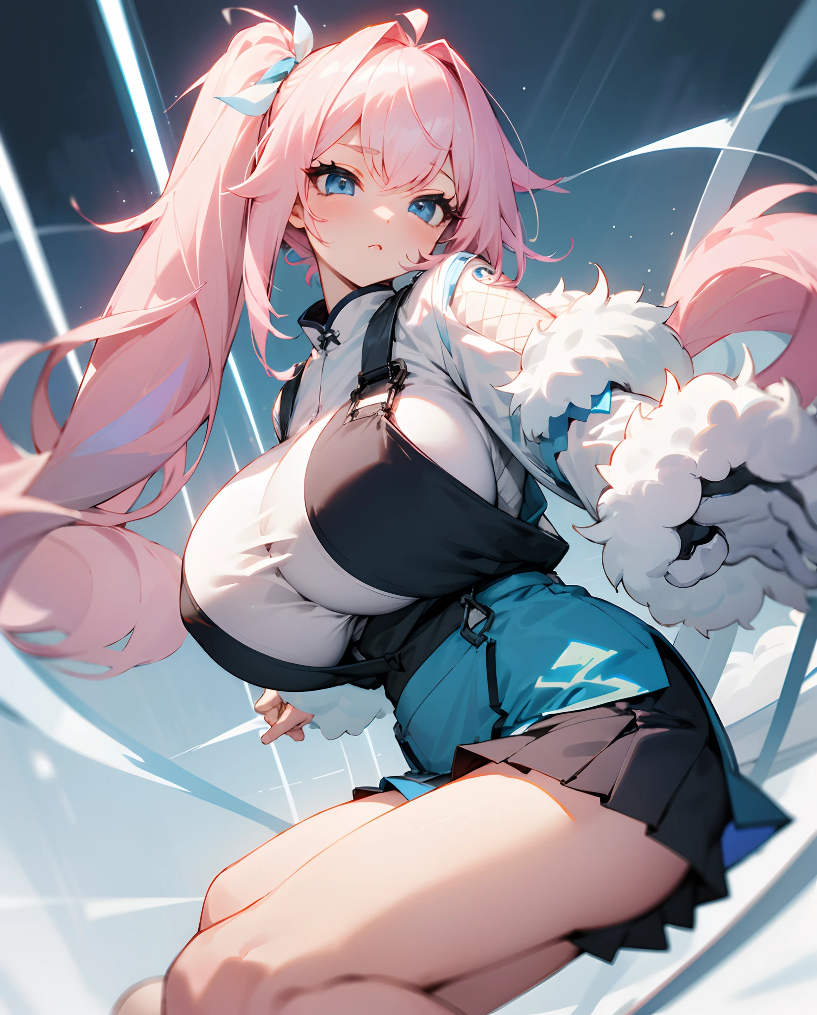 girl with、side ponytail of left、Overall light pink hair color、Light blue mesh、Light blue eyes、fluffy hair、long lashes、huge tit、校服、Fluffy tactile sensations、a miniskirt