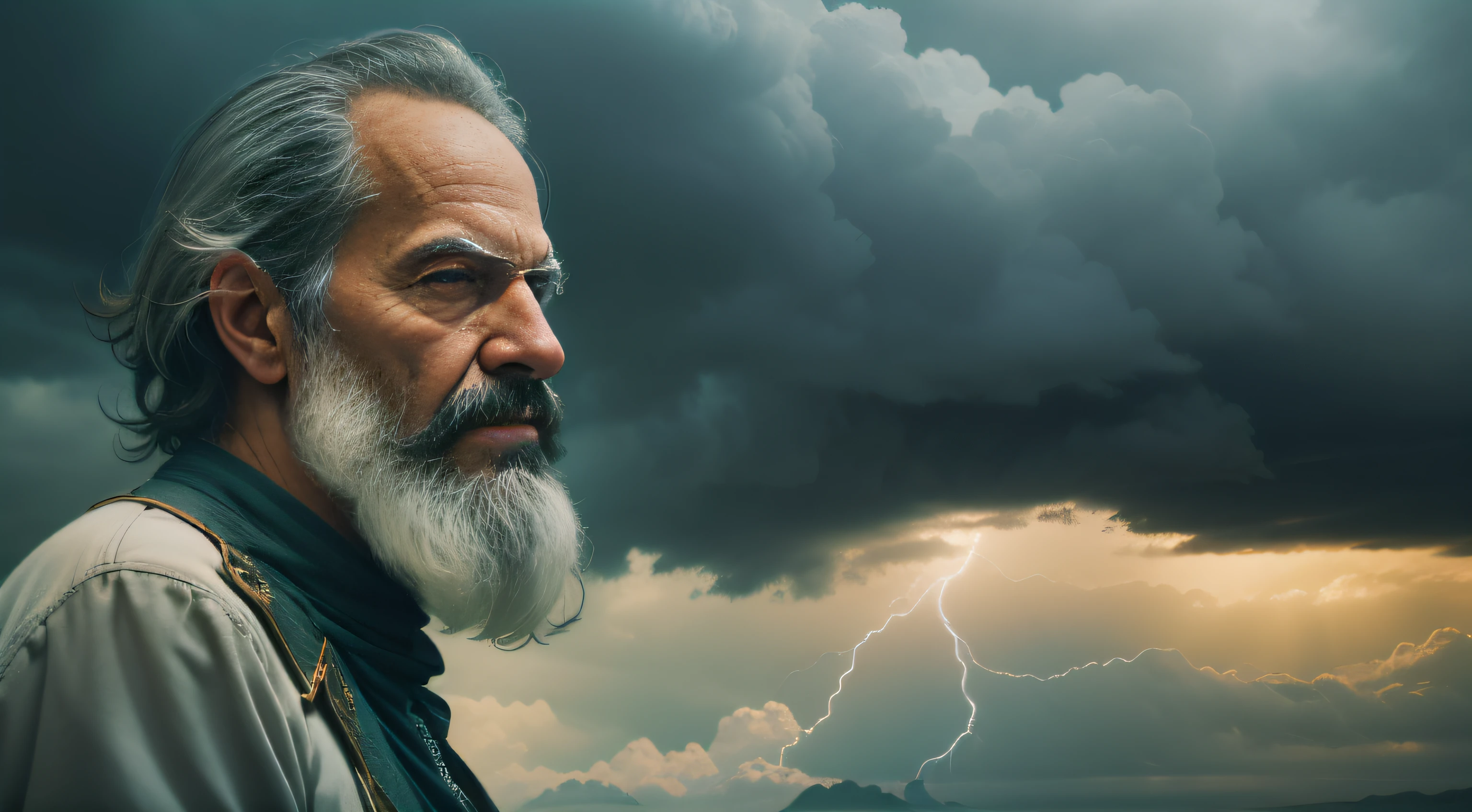 Velho de barba, with a stormy sky in the background. Visionary man, philosopher, sage or prophet. cinematographic effect. Criado com a tecnologia Generative AI.