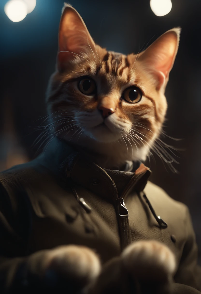 ((Best quality, 8K, Masterpiece: 1.4)),((Amazing detail: 1.3)),((illustration, Hairstyle Casual: 1.2)),((high resolution: 1.1)), A cute cat standing, headset on head, Tactical coat, Fashionab, Soft light, Colorful, Depth of field, Cinematic lighting, From below, Anatomically correct, Amazing art of painting, No Man