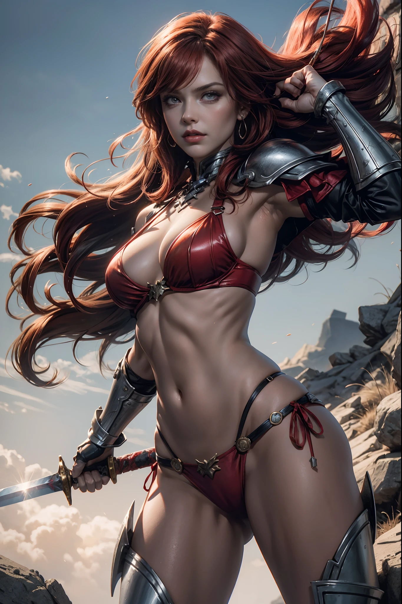 red sonja, she-devil with a sword,illustration,oil painting,medium(1.1),detailed eyes,detailed lips,strong and fierce warrior,beautiful red hair flowing in the wind, bikini-style armor, show a lot of skin, , sharp sword in hand,dimly lit battlefield,bloodstained ground,dynamic action pose,fire in the background,highres,ultra-detailed,photorealistic:1.37,portraits,vivid colors,warrior princess,fantasy genre,strong backlighting,contrasting shadows, large breasts. cleavage,