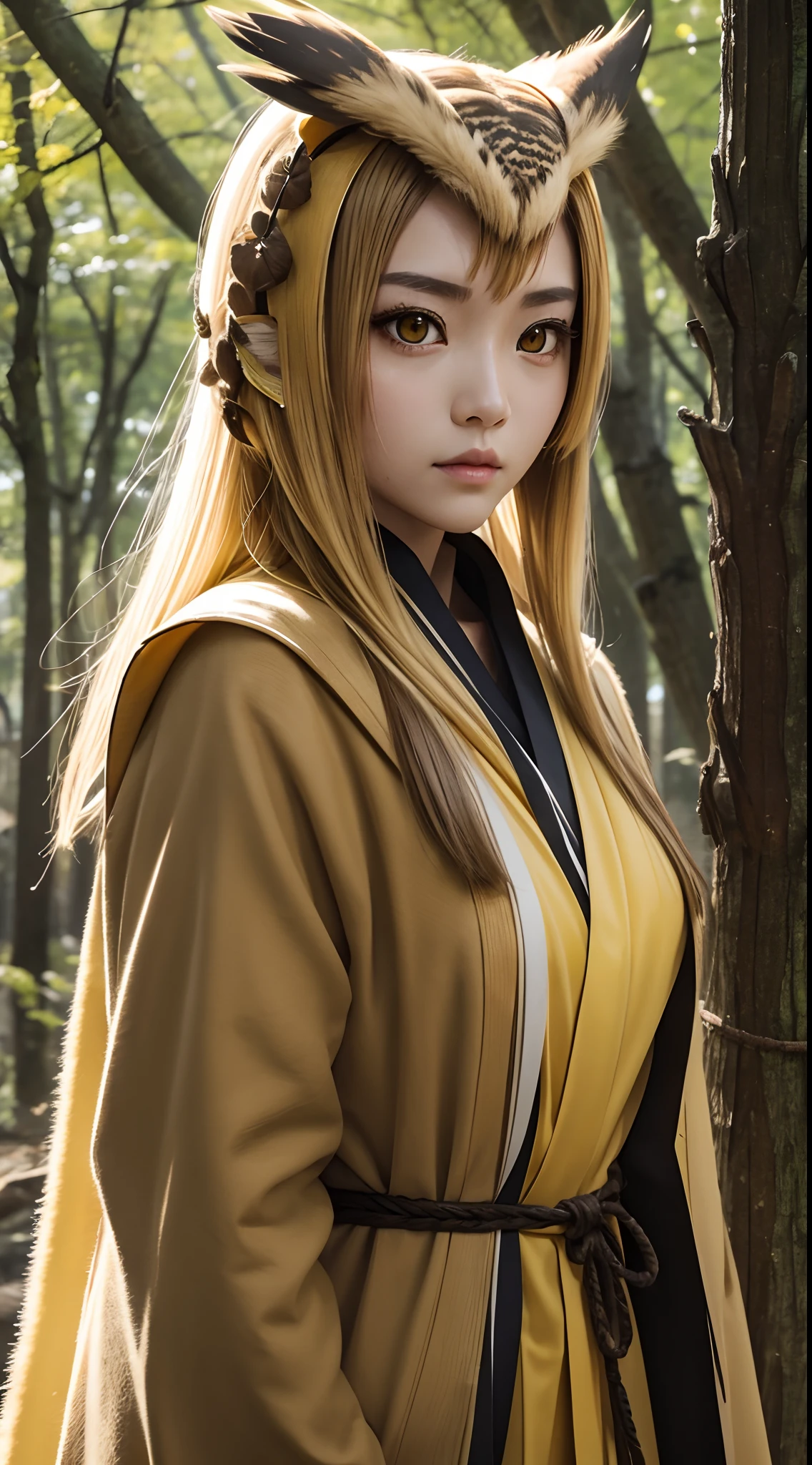 She is an owl beastman。Yellow eyes、beautiful countenance、Yellow skin