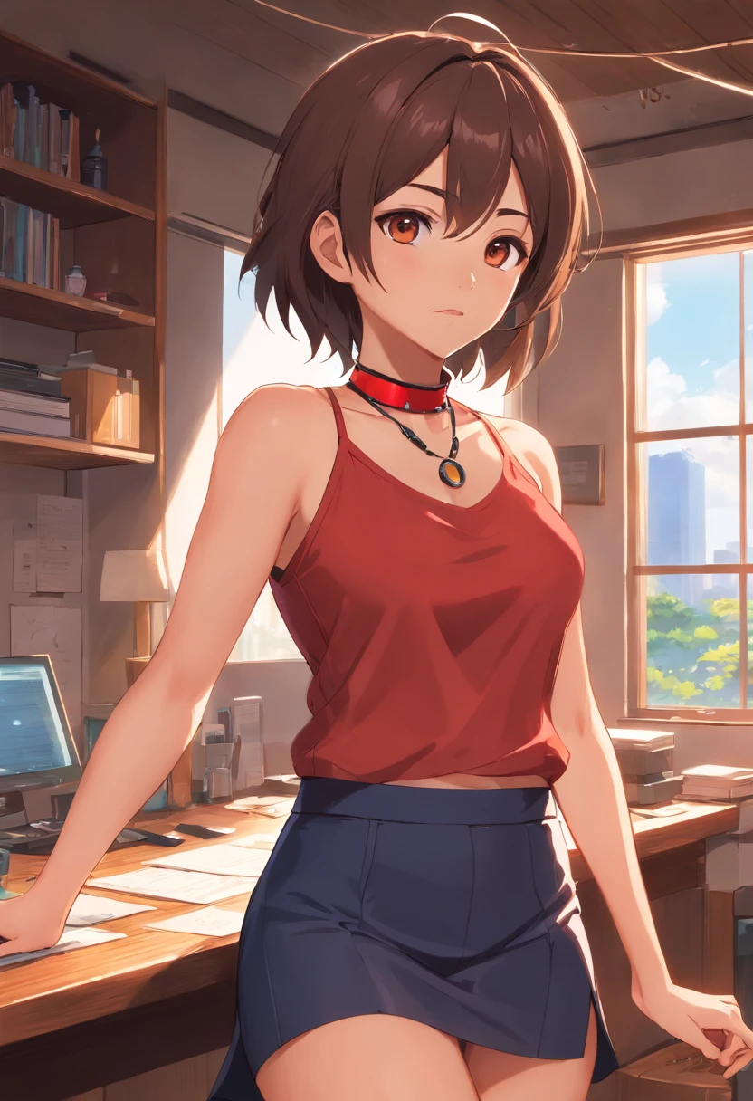 (highres, best quality:1.2), intricate details, vibrant image, sharpness, colorful, ShioriNishimura, dark skin, dark-skinned female, solo, mature female, milf, looking at viewer, hands on hips, cowboy shot, room, indoors, window, tree, sky, brown hair, short hair, makeup, brown eyes, perfect eyes, perfect face, detailed face, (choker:1.1), red tank top, pencil skirt, navel, midriff, sweat, curvy, (huge breasts:1.1), thighs, narrow waist,