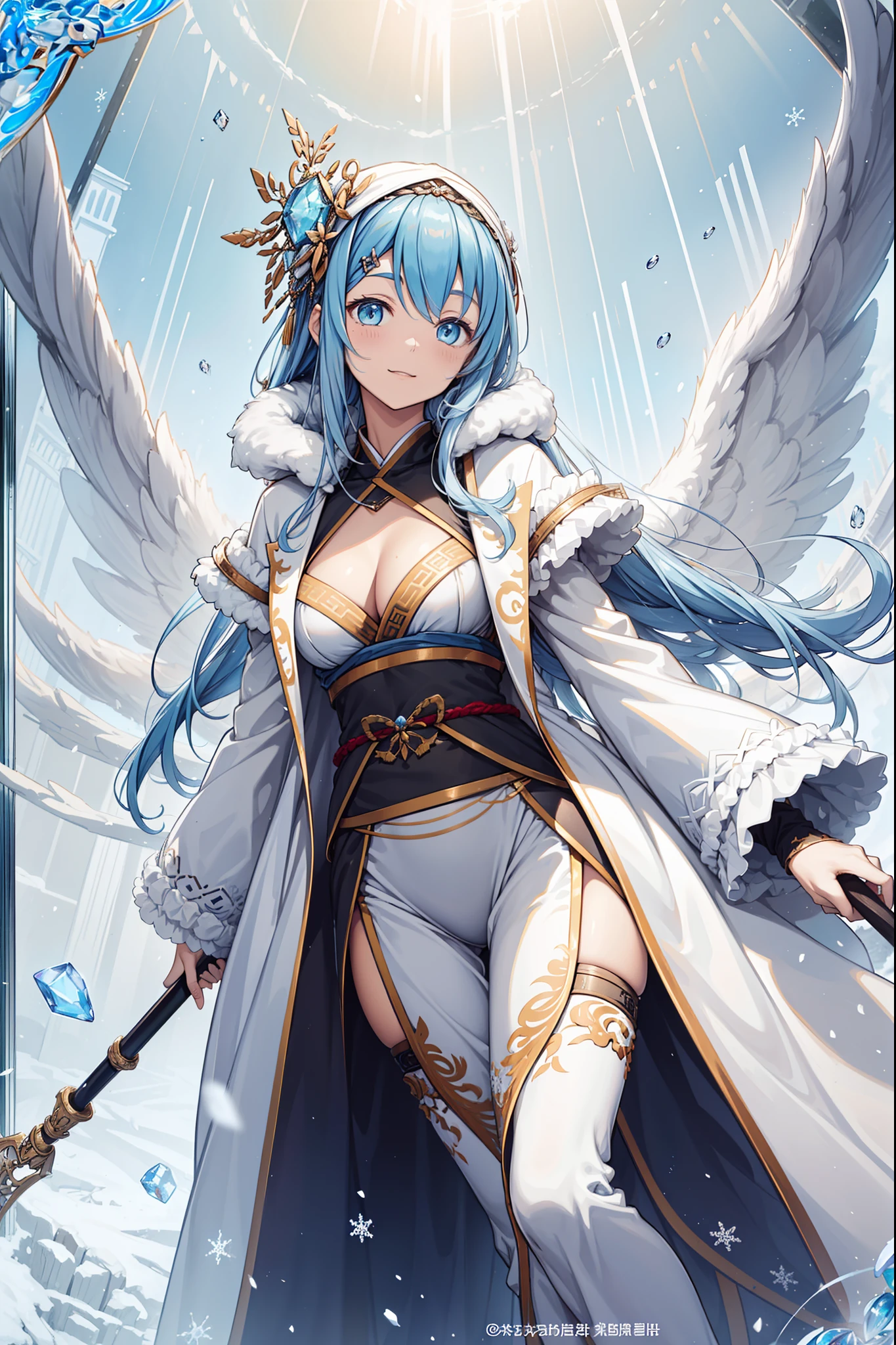 saints，divino，having fun，(Pure white Hanfu winter coat:1.2)，Long boots，mitts，Large long dress，(hooding:1.3)，(Lots of plush:1.1)，(Silvery hair:1.1)，eBlue eyes，(Many ornaments made of ice:1.1)，Light purple pattern，Light blue edges，Maximalism，Ruffles，Lace，Delicate embroidery，Delicate pattern，(exquisite costumes)，The background is the Ice Palace，(Blizzarding)，solo person，Beautiful detailed face，Enchanted，Heating