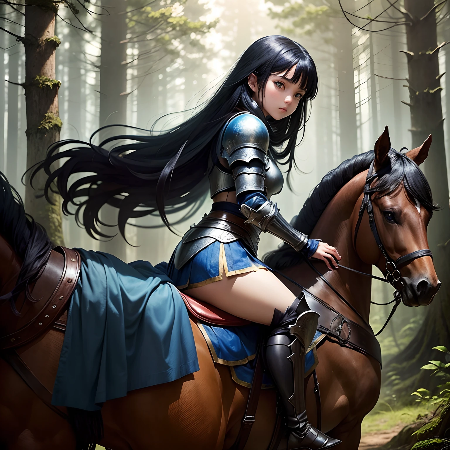 The background is the forest, a girl name is min, 18 years old, black eyes, long hair, wearing blue armor, Riding a horse