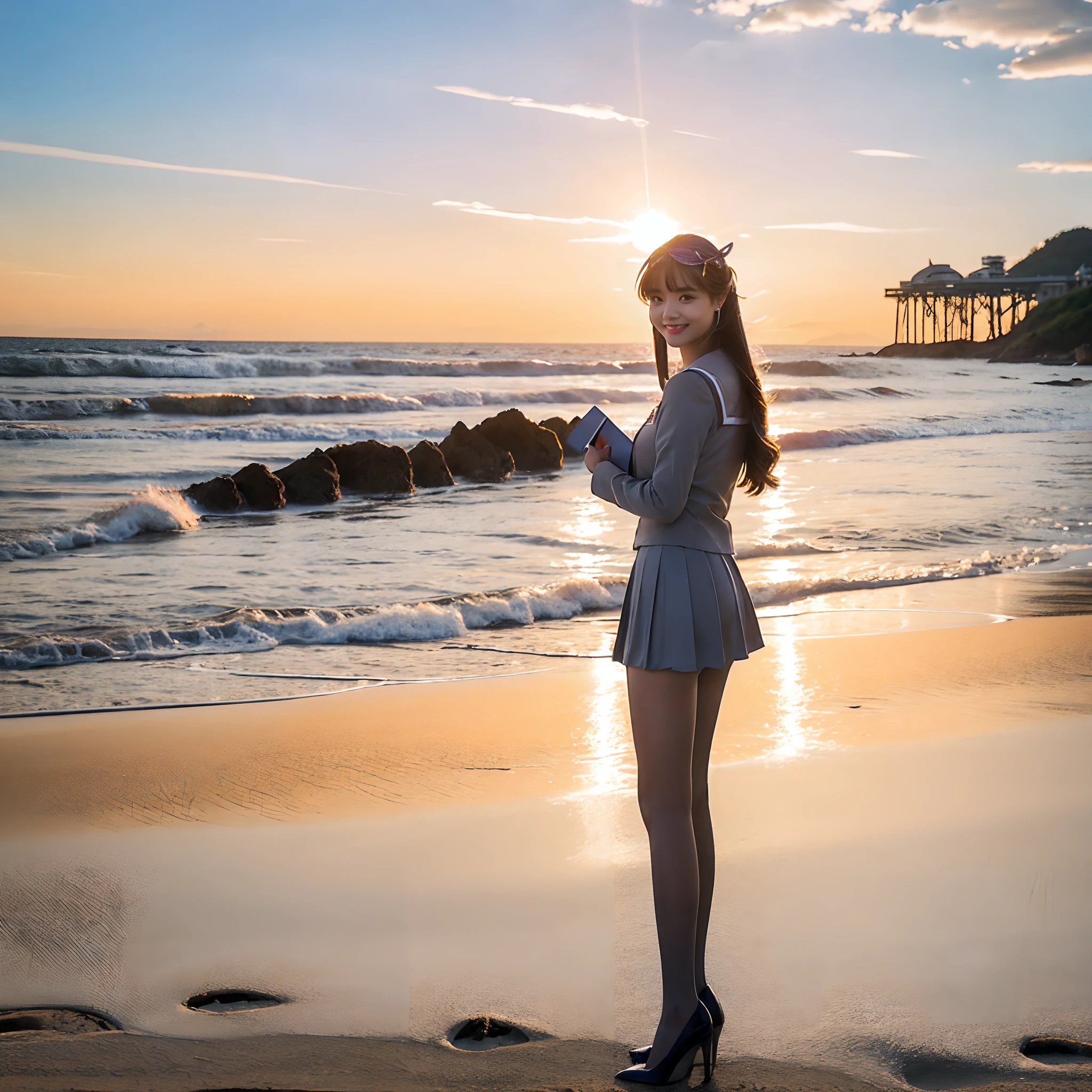 1girll, Solo,Smile, beach,(Sunset:1.1),   star hair ornament, Sparkle, Looking back, Huge sunset,Girls' uniform, Sea，grey pantyhose，high-heels，standing