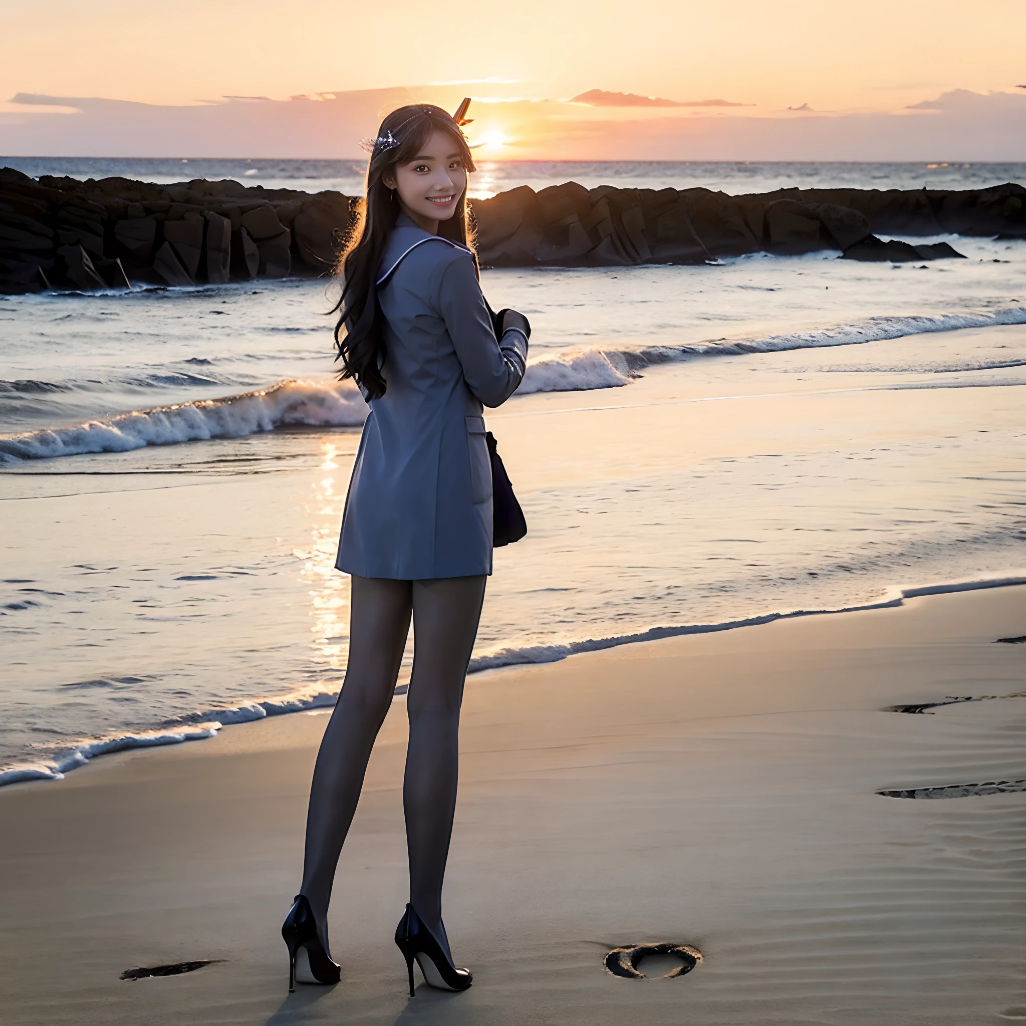 1girll, Solo,Smile, beach,(Sunset:1.1),   star hair ornament, Sparkle, Looking back, Huge sunset,Girls' uniform, Sea，grey pantyhose，high-heels，standing