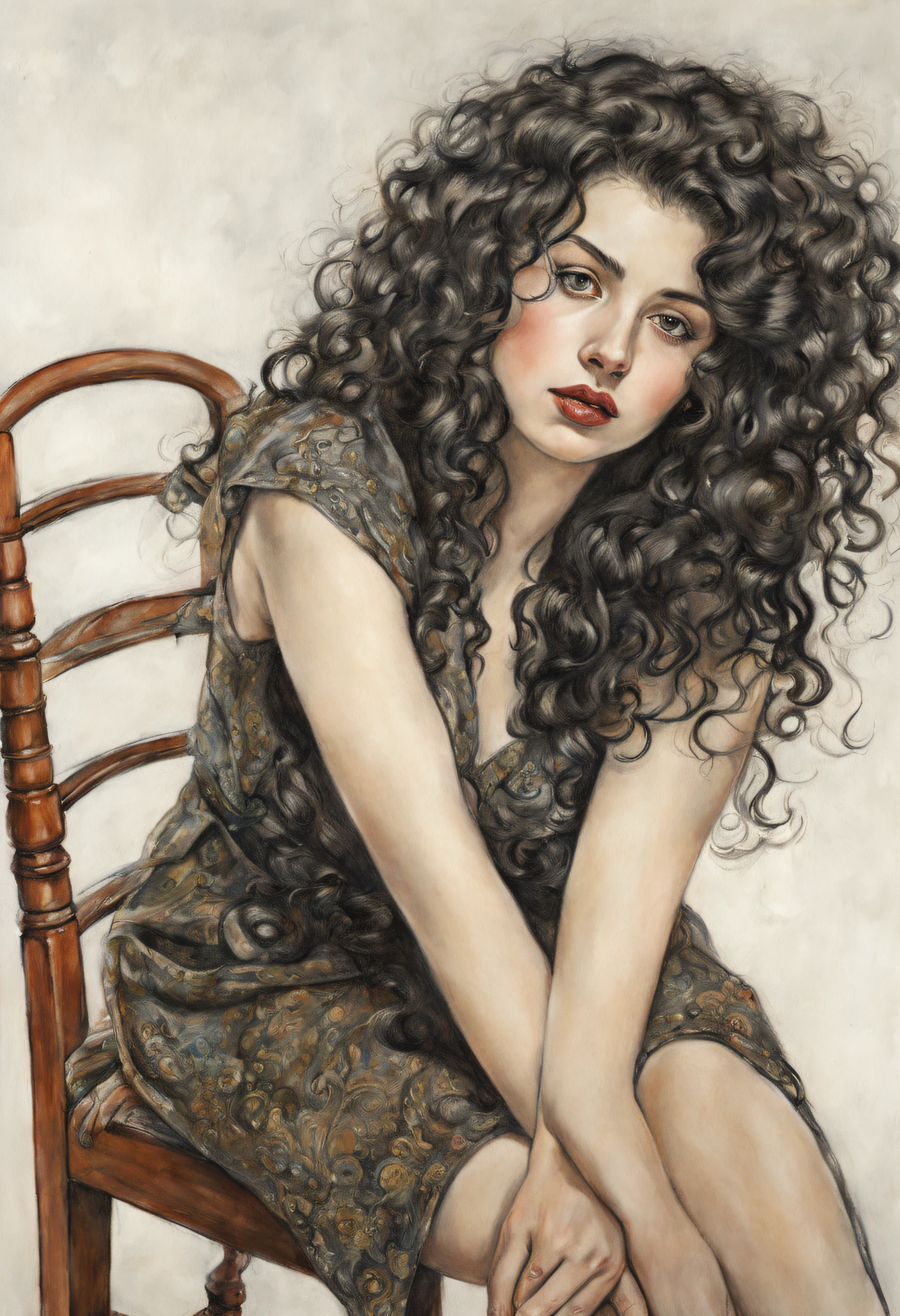 Attractive arab 30 years old woman with pale skin she is sitting on an old chair and naked from the wait up, she has long black curly hair, petite figure, wide hips, prominent nose, thick lips, she has just been slapped around, by Egon Schiele, gustave dore, david mann, vintage photograph, beautiful, retro vintage style, hd photography, hyperrealism, graphite pencil drawing, realistic, natural, b&w illustration, fine art, beautiful watercolor painting, realistic, detailed, painting by olga shvartsur, svetlana novikova, fine art, soft watercolor and details with exceptional realism,