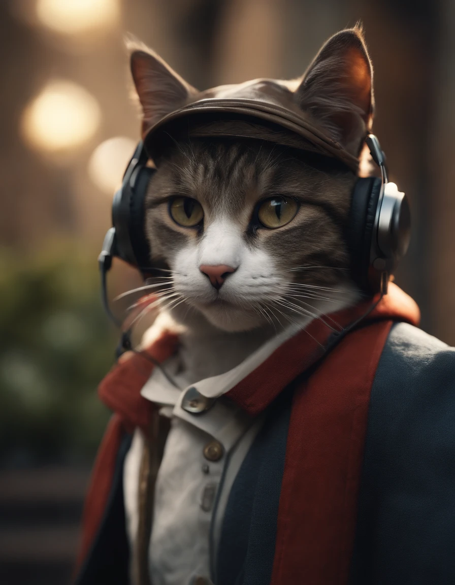 ((Best quality, 8K, Masterpiece: 1.4)),((Amazing detail: 1.3)),((illustration, Hairstyle Casual: 1.2)),((high resolution: 1.1)), A cute cat standing, headset on head, Tactical coat, Fashionab, Soft light, Colorful, Depth of field, Cinematic lighting, From below, Anatomically correct, Amazing art of painting, No Man