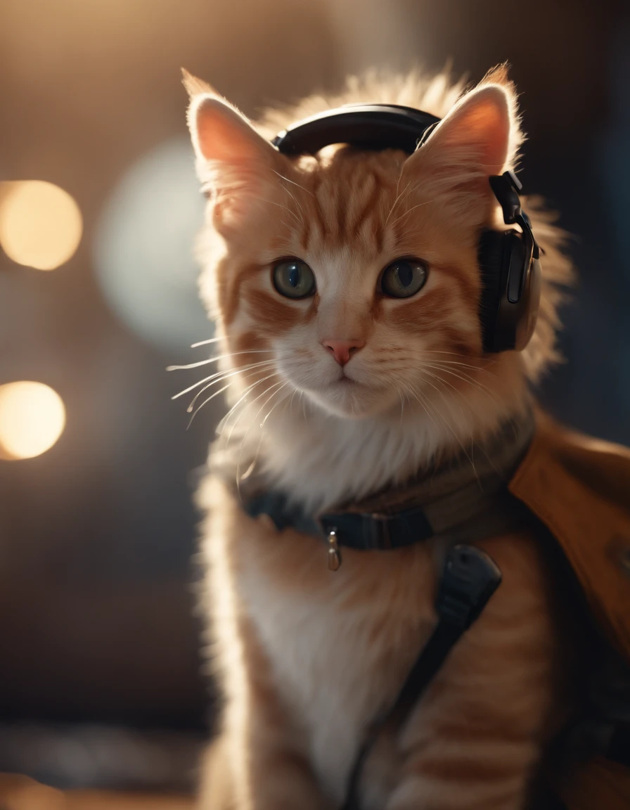 ((Best quality, 8K, Masterpiece: 1.4)),((Amazing detail: 1.3)),((illustration, Hairstyle Casual: 1.2)),((high resolution: 1.1)), A cute cat standing, headset on head, Tactical coat, Fashionab, Soft light, Colorful, Depth of field, Cinematic lighting, From below, Anatomically correct, Amazing art of painting, No Man