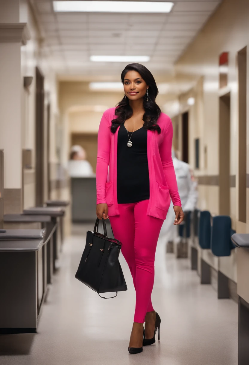 Hospital Reception,Bewitching beauty,Black hair ponytail,Pink medical scrub,cardigan,Black pants
