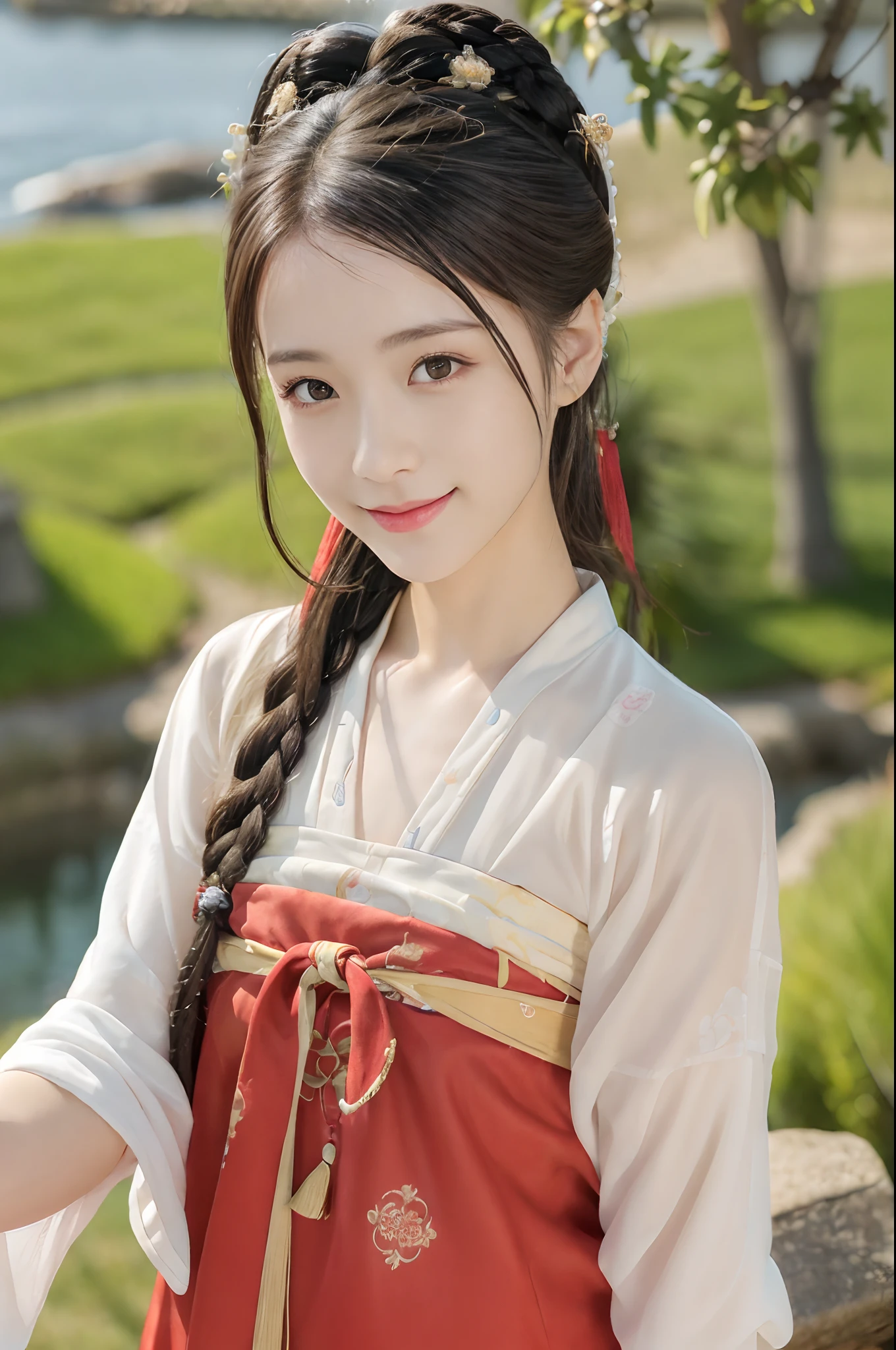 Best quality at best,tmasterpiece,超高分辨率,(photo-realistic:1.4),8K raw photos, A high resolution,Ancient Chinese red Hanfu,Beautiful pattern,beautiful eyes in detail, long eyelasher, RAW photogr, face to the viewer, The upper part of the body, Close-up Shot Shot, ((( Landscape background))),(((1girll))),独奏,Upper body smile,heads,low tune, Beautiful hairstyle,No action