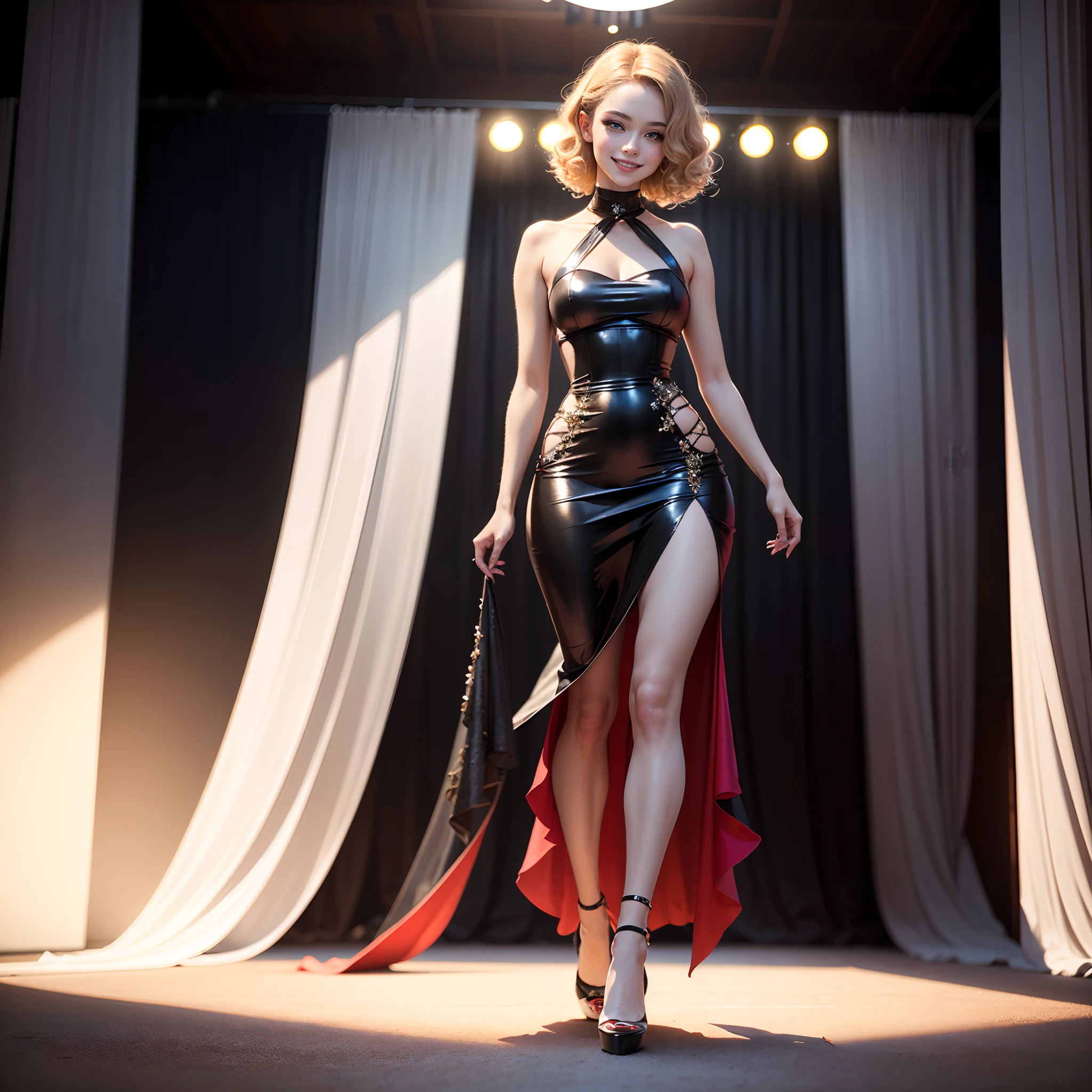 1girl in, (Smile:1.6) ,stunningly beautiful girl, Haute_Couture, designer dress, high-heels,high fashion,  High Brand,Famous fashion shows, (Indoor runway:1.4),Long shape face, beautiful countenance, darkred eyes, Sandy Blonde Side Sweep Hair, Short hair, Long ringlet, catwalk,Red carpet,Colorful confetti, Vivid colors, masutepiece, Best Quality, absurderes, Highest Quality, Amazing details, 8K, Aesthetic,Perfect Lighting,Look at viewers,(posterior view:1.2)