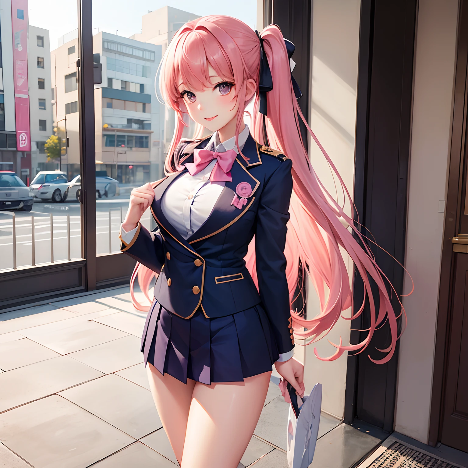 a beauty girl,Ribbon on uniform,blazers,A smile,girl,anime a girl,top-quality,Colossal tits,masterpiece,Excellent style,Erotic Cute,long,超A high resolution,beautiful a girl,Lovely girl,Pink hair,Spacious