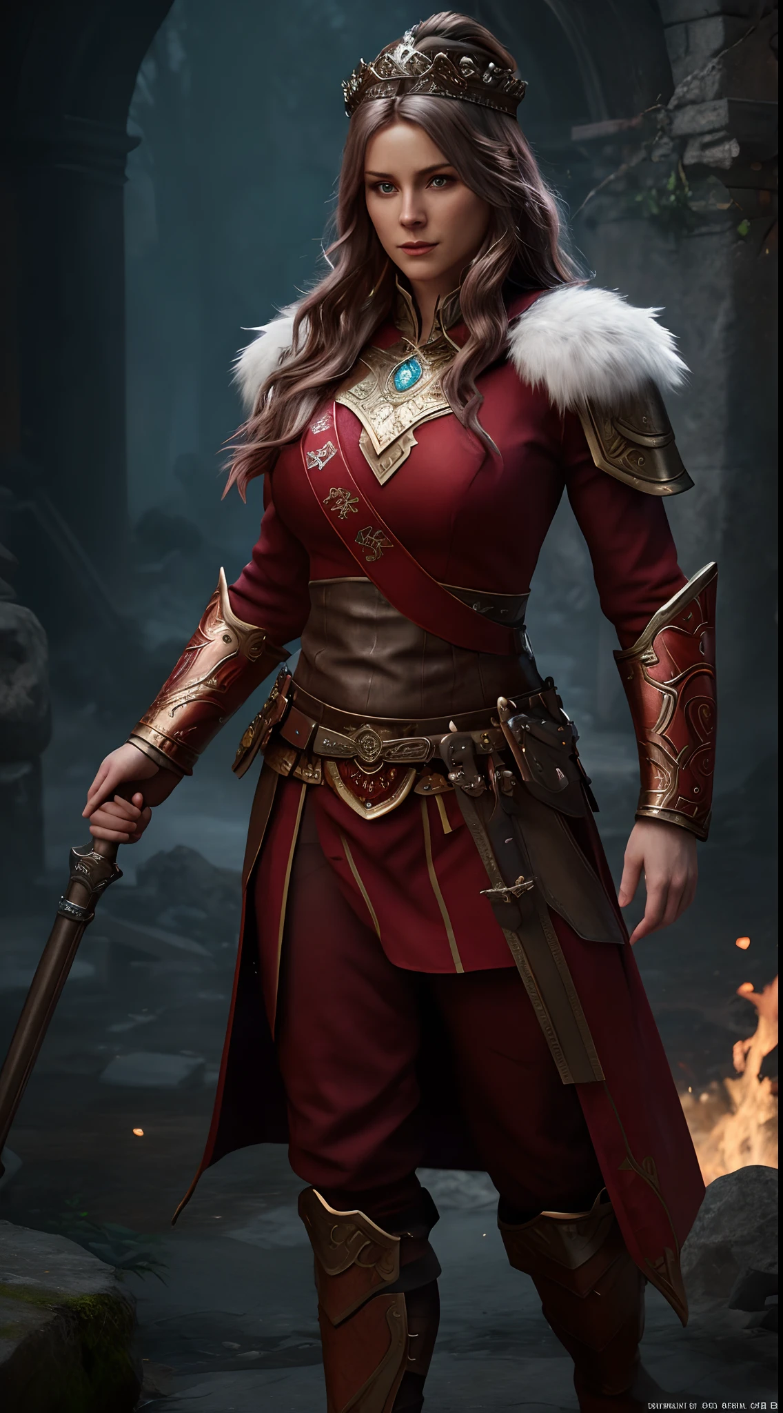 Full body Portrait of the Great Nordic Queen, a very gorgeous woman, 45 years old, erotic warrior costumes, dark red styled fluffy hair, sexy woman, natural Blue eyes, a nose with a bump, an elongated chin, dressed in ancient national,
8k resolution, dynamic lighting hyperdetailed intricately detailed Splash art trending on Artstation triadic colors Unreal Engine 5 volumetric lighting, oil painting, heavy strokes