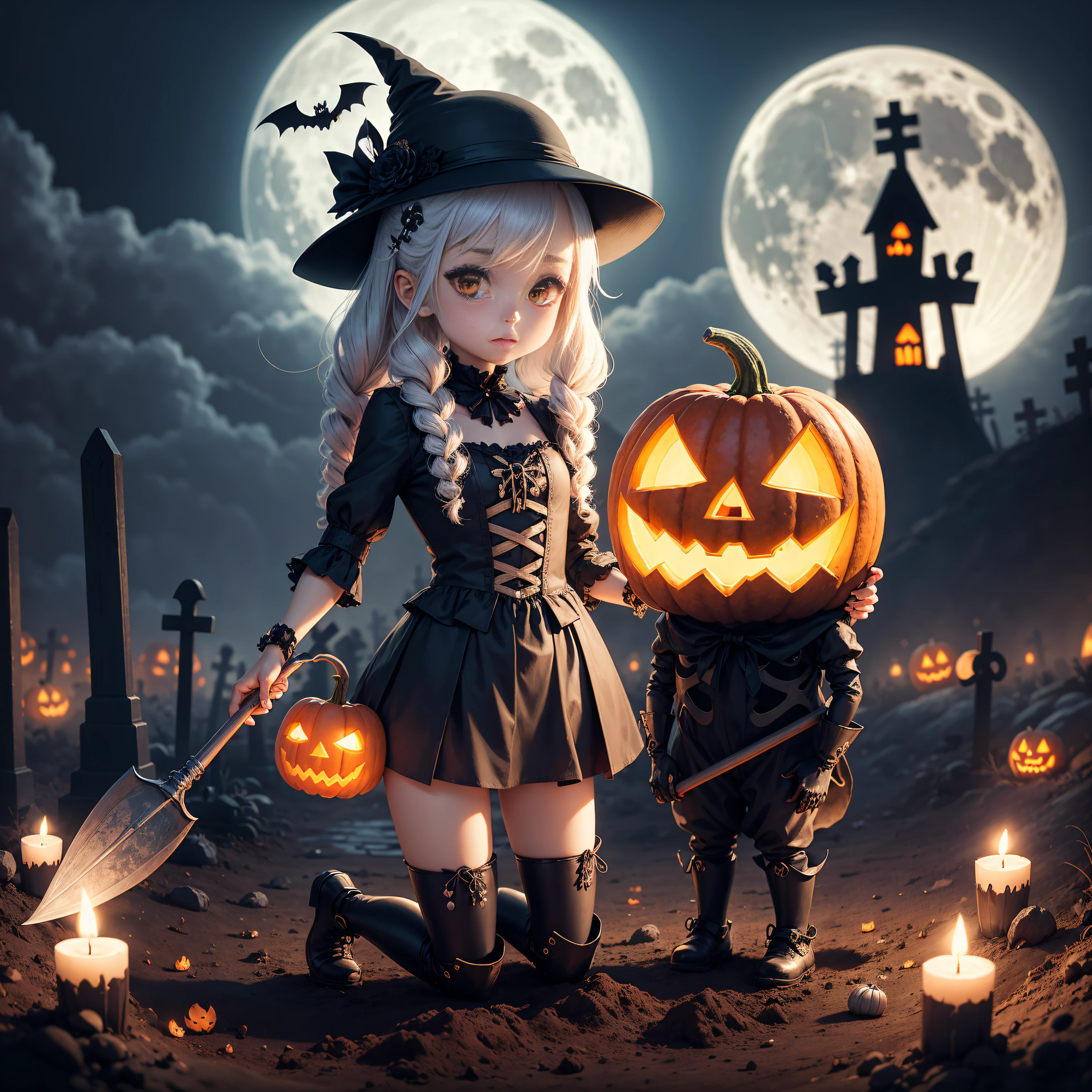 beautiful dressed female kawaii skeleton dig with a spade, with top, short, high healed boots, in a cemetery, at night, full moon, fog, several flying chibi ghosts in the background, Halloween sceen, Halloween ports, pumpkins, pumpkin lanterns, candles, bats, Halloween atmosphere