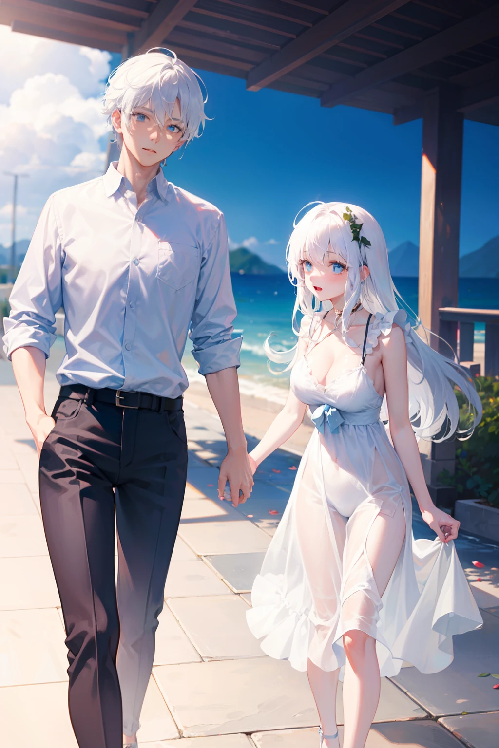 Anime couple, white hair, beautiful background, blue eyes, detailed, good anatomy, 8k
