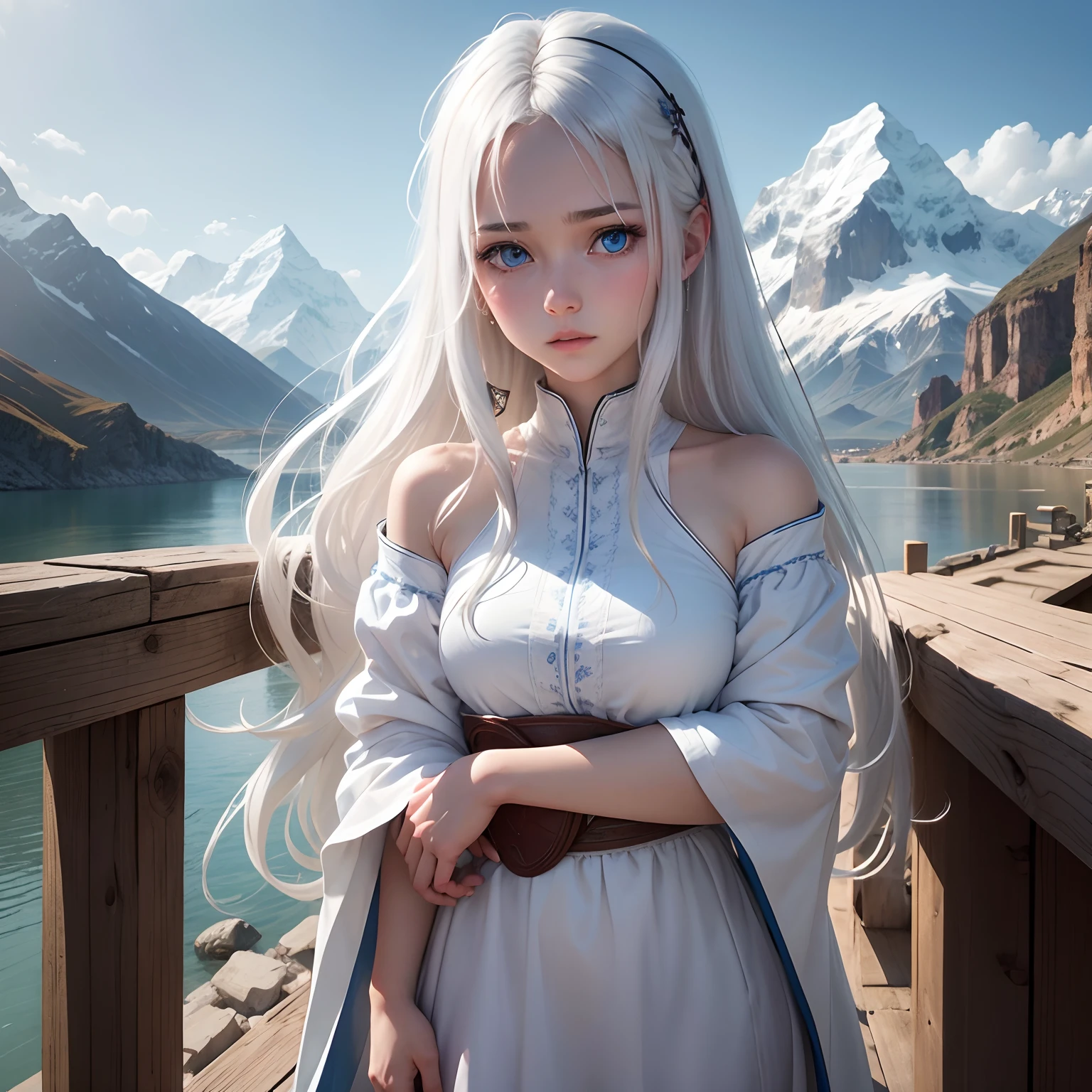 In the background are mountains, a beautiful girl name is Lisa, 18 year old with blue eyes, long white hair, wearing a white tunic is Shocked expression on his face