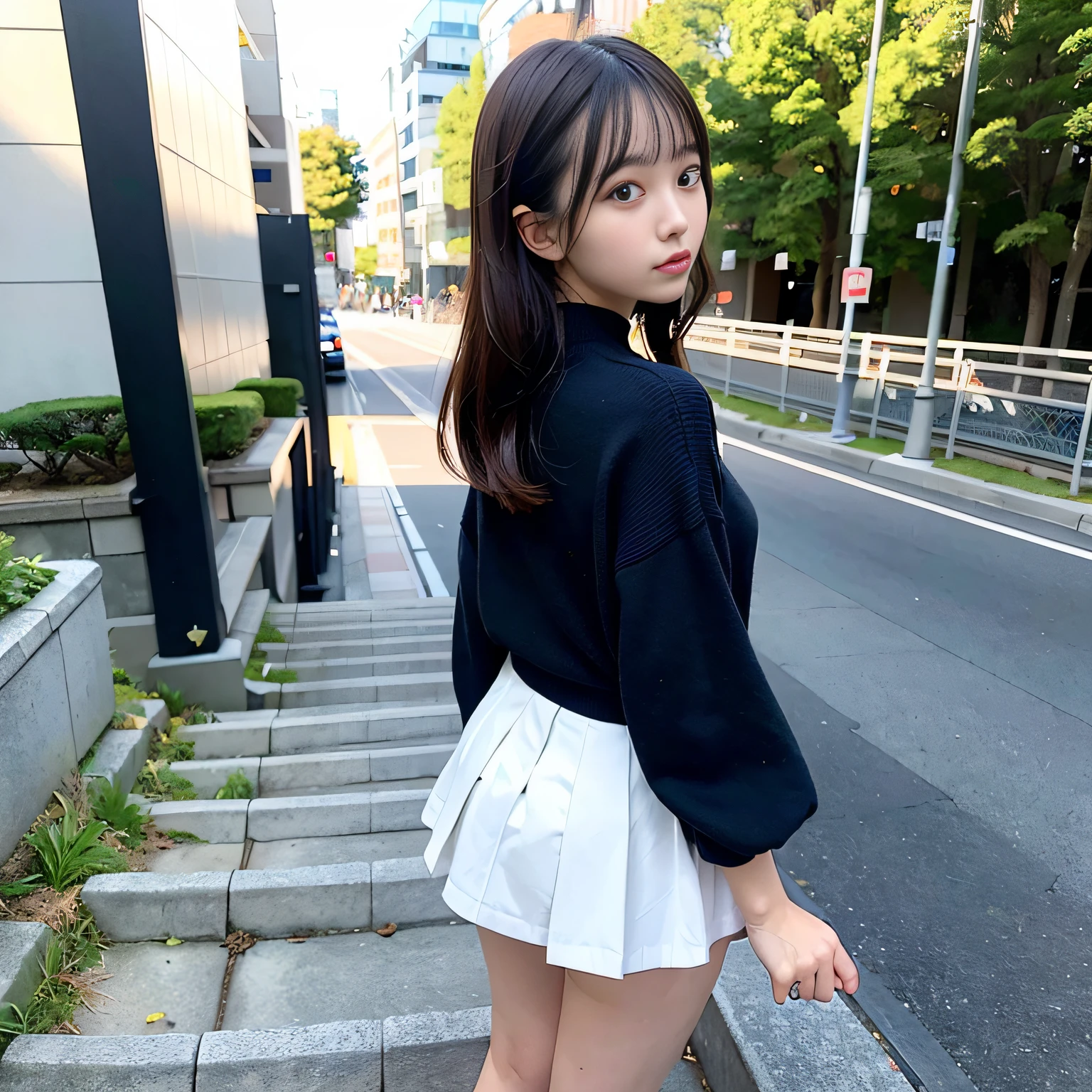 A dark-haired、japanes、校服、a miniskirt、NOWAI、pretty eyes、with his back turned、1 shot、Climbing stairs、I'm turning around and looking at、Viewed from diagonally below、8k、RAW Photography、top-quality、masterpiece、realisitic、Photorealsitic、