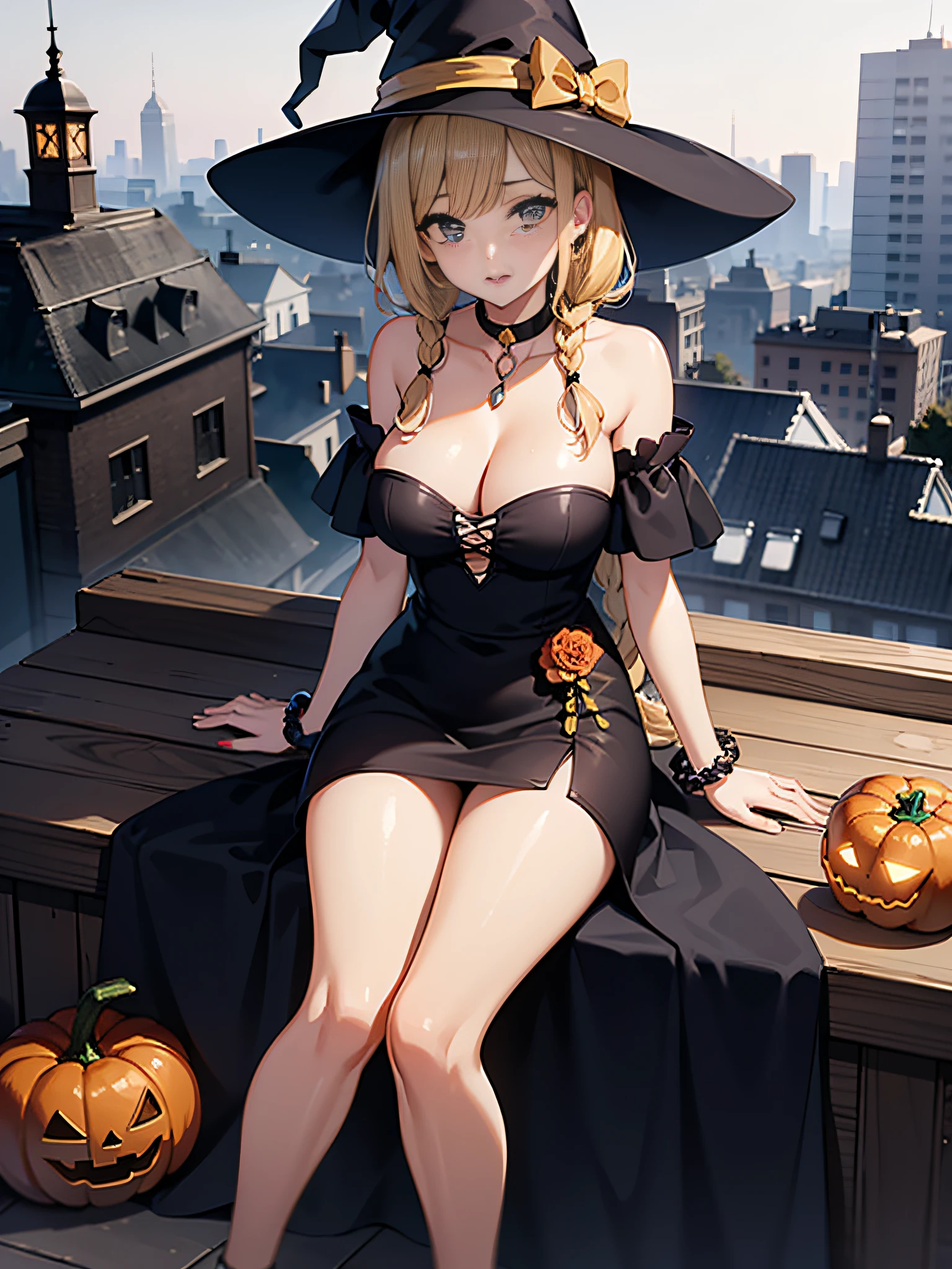 in 8K、top-quality、masterpiece、ultra-detailliert、Ultra-high resolution、((1 persons))、girl with、Halloween、witch's hat、a blond、Braided hair、Black Dress、bare shoulders、cleavage of the breast、makeups、eyeshadows、A bracelet、A bustling city、Sit on the roof、Black cat