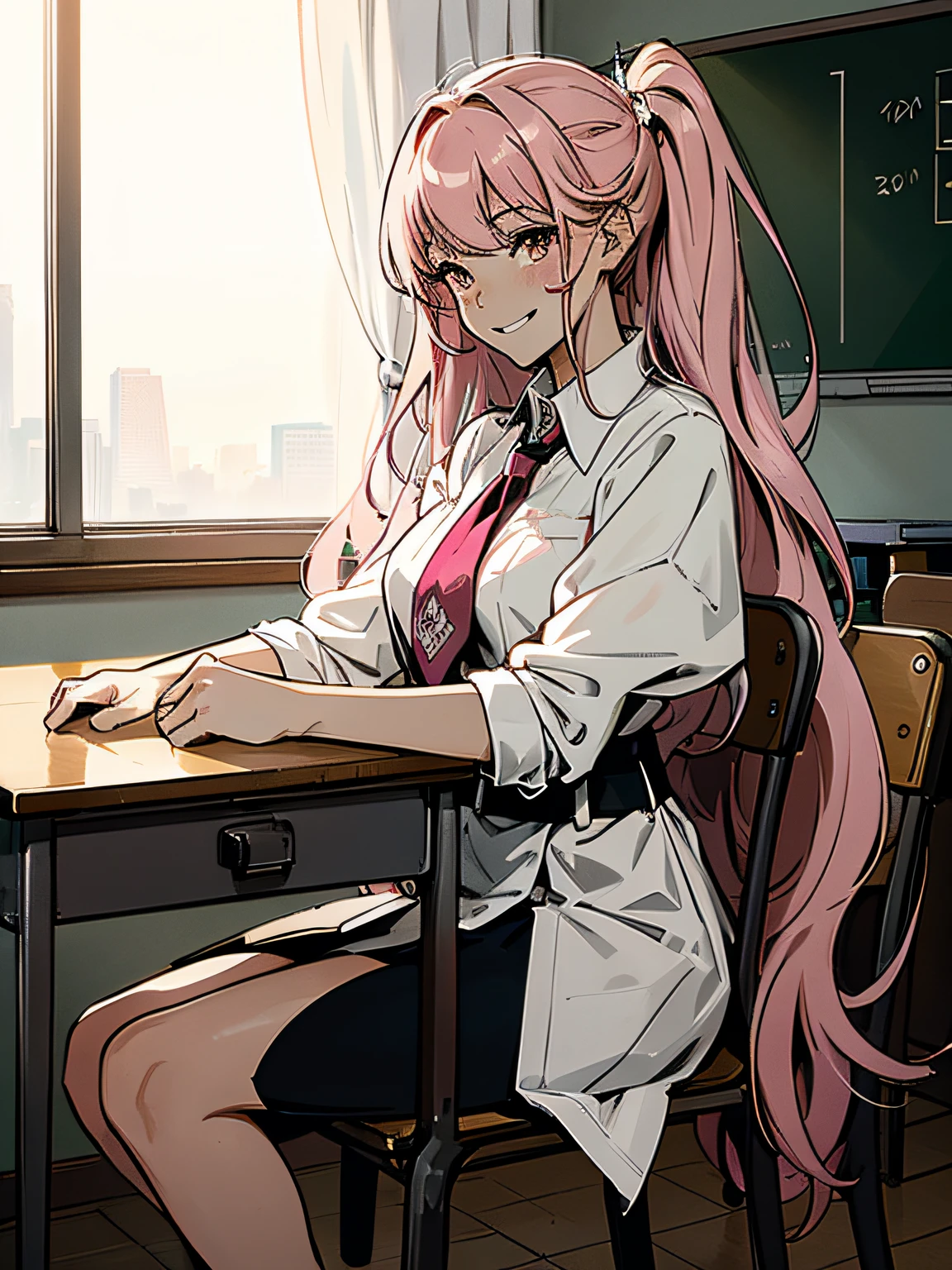 Ultra High Resolution, 16 K, ((masutepiece)), ((Best Quality))), ((super detailed)), girl with, Long pink hair, highschool , Smile, In the classroom