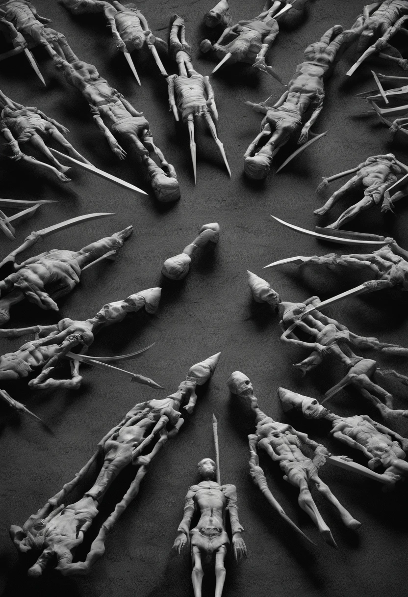 top view. simmetric. nine men with scythes have cut each others throats and lie on the grass.