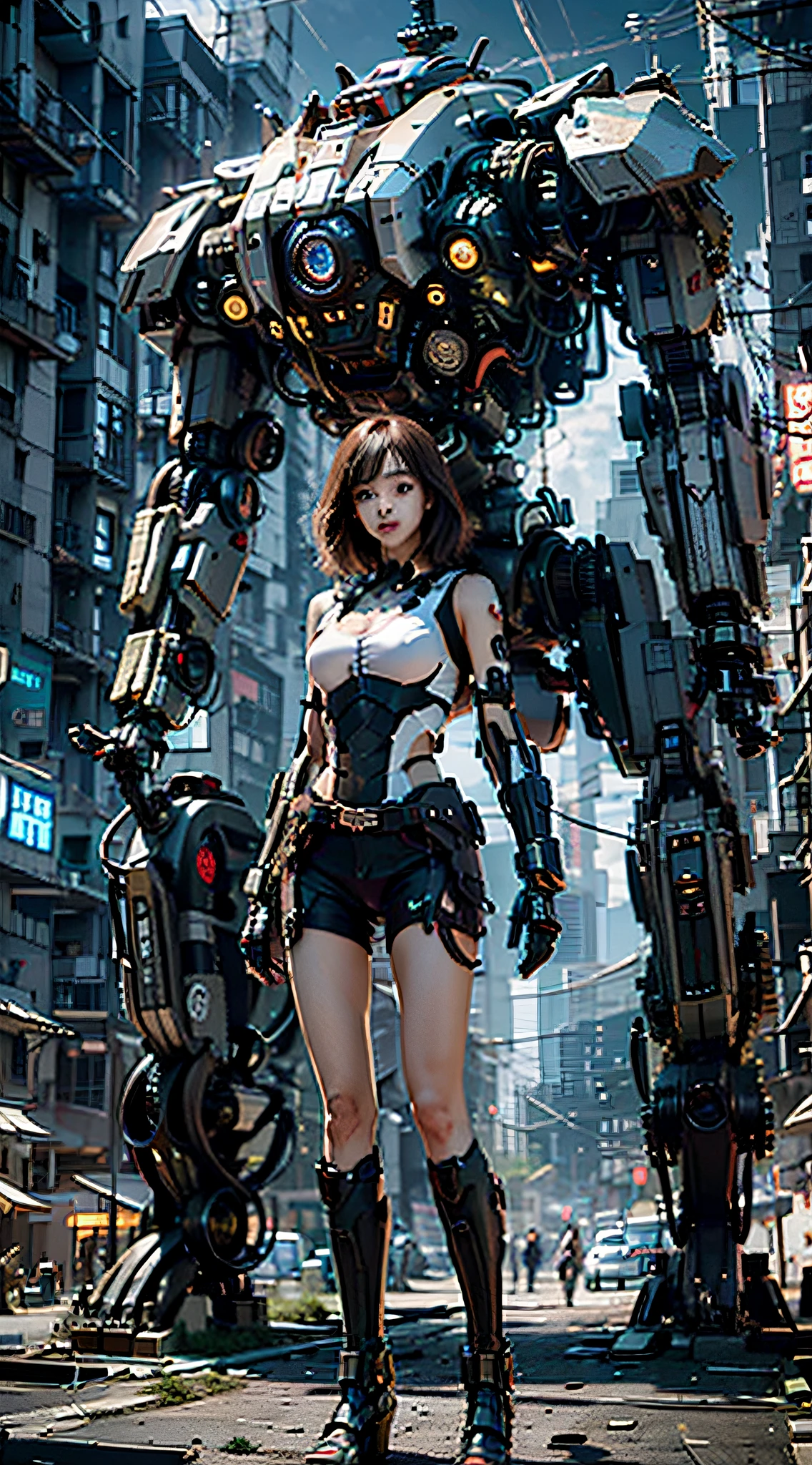 ((tmasterpiece,best qualtiy)),illustratio,Ultra-detailed 8K,Realistic ,Clear focus,Highly detailed,Professional lighting,Colorful details,Rainbow color BREAK factory super long shot,Large mechanical robot structure,Up,micro Chip,Computer,with light glowing,Intricate details,Shitu-mecha,1 Cyberpunk girl standing,Toned body,