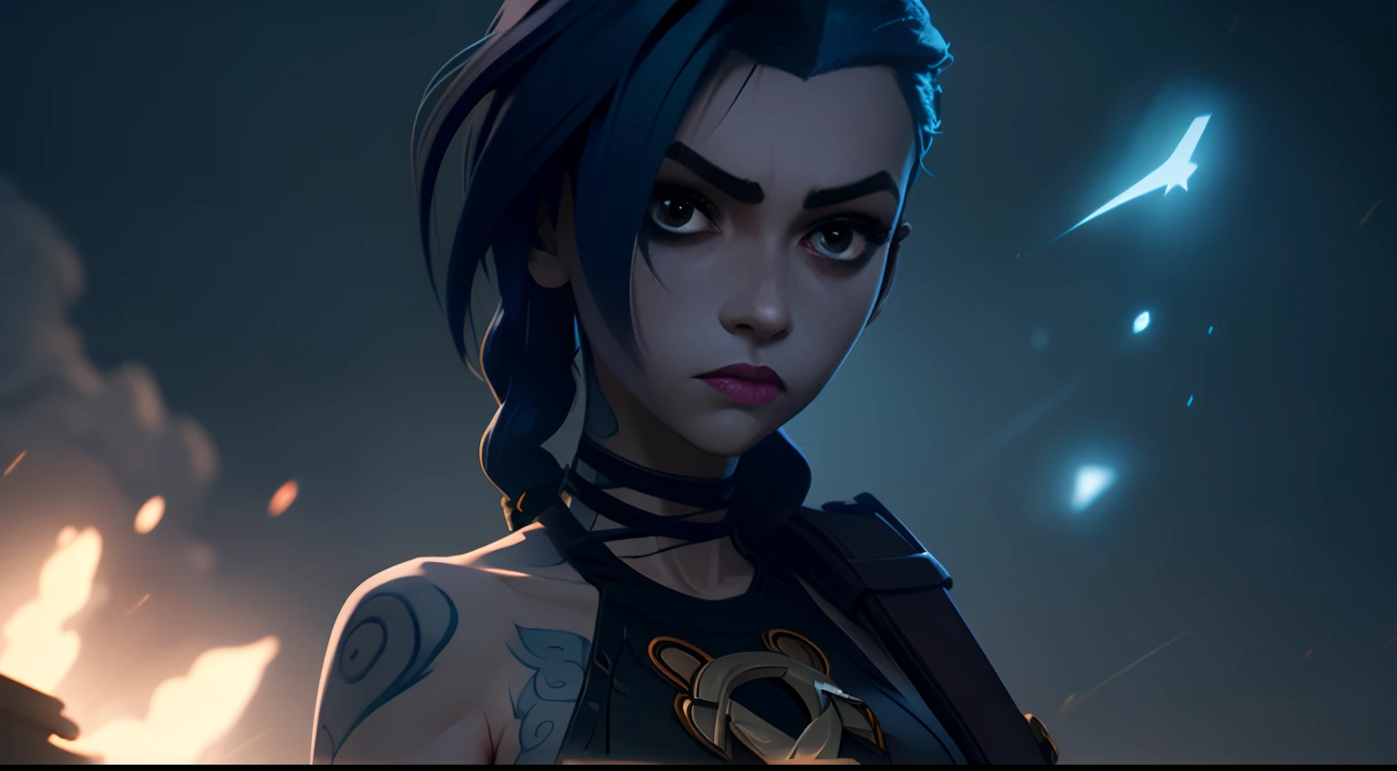 Jinx's character design, stands on the edge of the roof, There is fog all around, blue and purple flashes, explosions, Beautiful figure, Arcane's Jinx, Bright blue and purple sparks all around, glowing eyes, Pink glowing eyes, hairlong, hairsh, braided into long braids, Pigtails hang below the knee, Hair color changes from bright blue to navy blue, Dressed in brown breeches, Leather boots on the feet, Top with four gold circles on the chest in the middle of the chest, Blue cloud tattoos on shoulders and waist, Long bangs, hanging on the right side, Belt with cartridges on the belt, Arcane style, extremely detailed CG unity 8k wallpaper, detailed light, Cinematic lighting, chromatic aberration, glittering, expressionless, epic composition, dark in the background, Cherecter Desing, Very detailed, Detailed body, Vibrants, Detailed Face, sharp-focus, anime art, Vibrants, Detailed Face, Hugh Details, sharp-focus, Very drooping face, A detailed eye, super fine illustration, better shadow, finely detail, Beautiful detailed glow, Beautiful detailed, Extremely detailed, expressionless, epic composition,