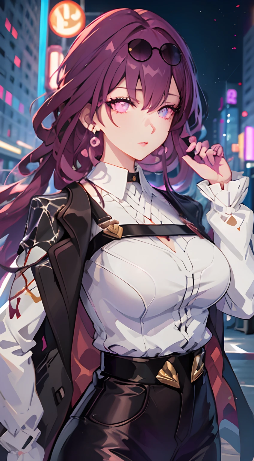 (anime style, night, cityscape), (best quality, highres), detailed eyes, detailed lips, long hair, confident expression, beautiful background lights, colorful neon signs, tall buildings, bustling crowd, streetcars passing by, dark shadows, mysterious atmosphere,Purple hair, pink eyes.