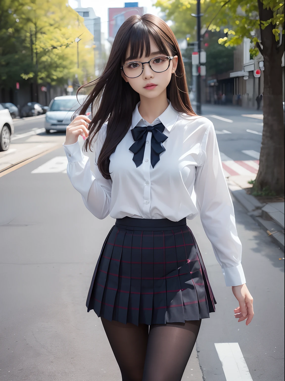 (Long bob cut)、(Underwear is visible)、((Narrow-eyed))、((Narrow-eyed))、((Narrow-eyed))、(8K、Raw photography、top-quality、​masterpiece：1.2),((small tits))、((small tits))、((small tits))、((small tits))、((small tits))、((A-cup))、((A-cup))、((A-cup))、((A-cup))、((A-cup))、Has a small、(flat breast)、(flat breast)、(flat breast)、(flat breast)、(flat breast)、(being thin)、light skinned、skin whitening、Dark look、Rasping,glamor,Chromo-white skin,cocky,School,watching at viewers,Looking at the front,Muchimuchi,High-pitched clothing,Erotic,Pupils,de pele branca,kne,((Black pantyhose)),absurderes,a small face,,Forehead visible,Bangs hanging from the left and right sides of the forehead,(a cold expression,Tight eyes,glares,Bullish,irate)、​masterpiece,top-quality、超A high resolution,Raw photo,ren,Beautiful fece,One Person, 独奏,eye glass,,Dark look,Small breasts,fullllbody,Round glasses,JK school uniform,hi-school girl,A Japanese Lady,is standing,（Photorealsitic：1.37）、Photon mapping,Realistic、Beautie,Cute little face,Brown-eyed、Black socks、(Red bow tie)、Radio City、Physically Based Rendering、depth of fields、Blurry background、a picture,Body,beauty legs, Long legs, Thin leg,(Bangs are visible), hair, s lips, Blue_The eye, nosesoft,(Light blue shirt), (Navy and blue and white plaid pleated skirt), Knees are visible,Sheer clothing,, Thigh, Black cotton socks,Nogizaka Idol, 女優, Japanese ido