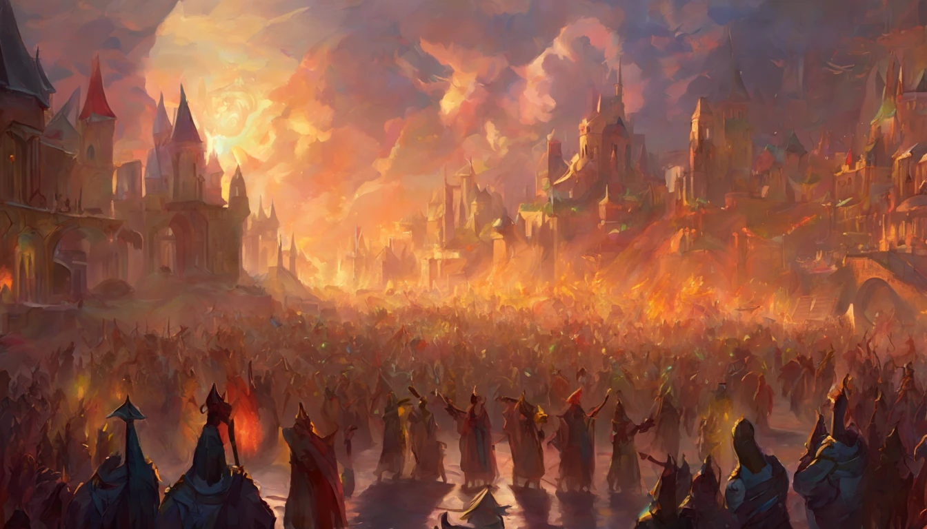 A crowd of orcs, holding rainbow flags, surrounded by demons,