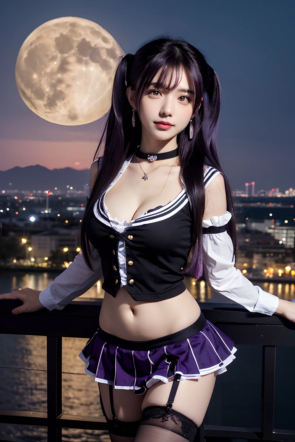 Masterpiece, Best quality, Dusk, full_Moon, Cityscape, Real, Huge_filesize, the wallpaper, Girl, Medium hair, Purple hair, Disheveled hair, Light smile, view the viewer, Small breasts, seifuku, Sailor shirt, white thighhighs, Earrings, Black choker , necklace, On_stomach,