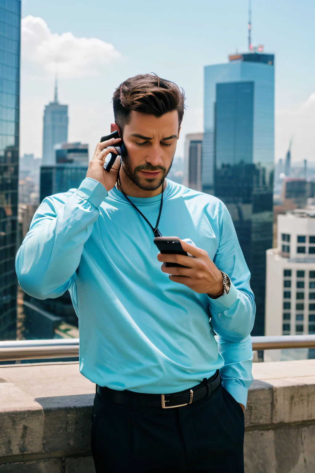 a man calling somebody on his phone, city background