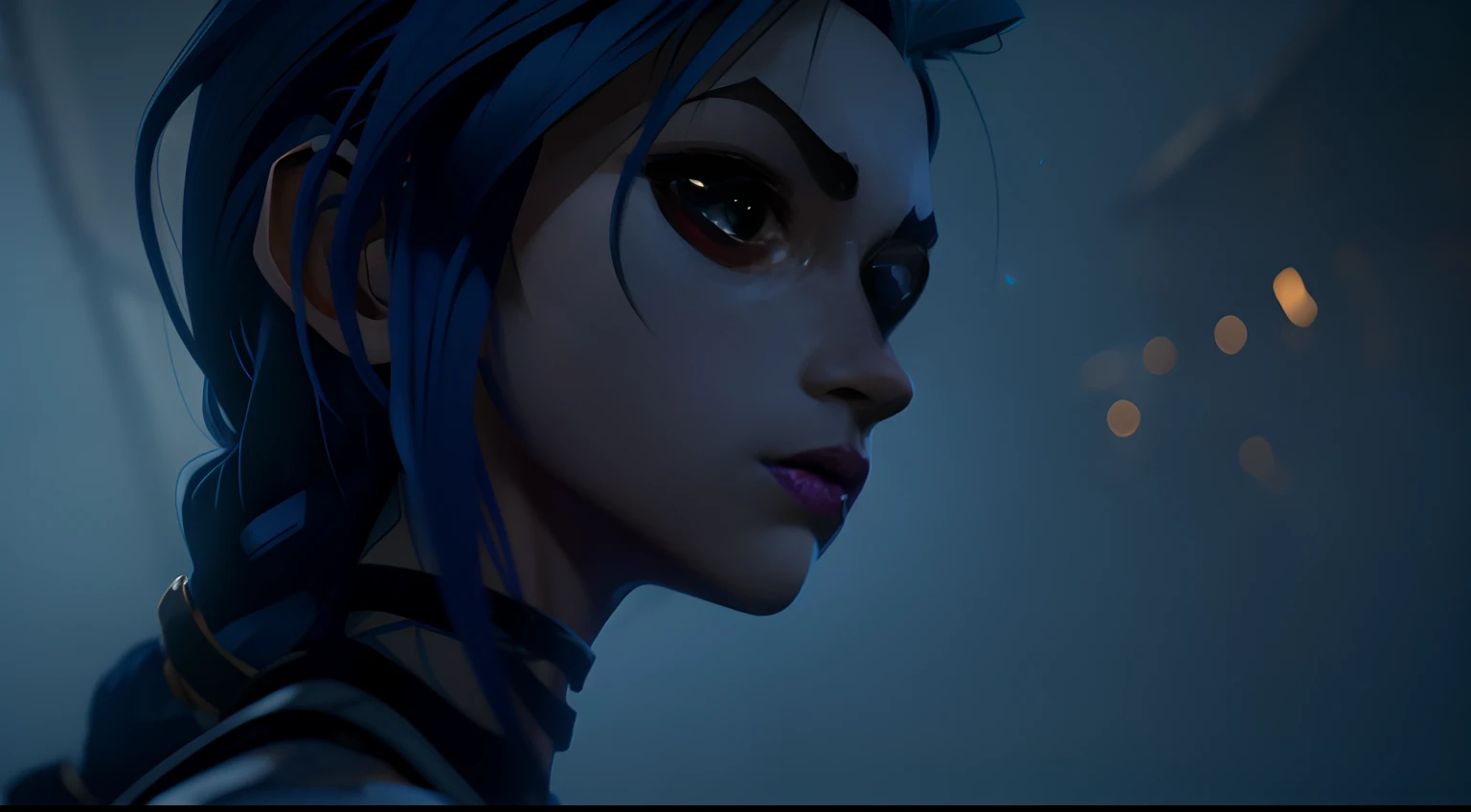 Jinx's character design, stands on the edge of the roof, There is fog all around, blue and purple flashes, explosions, Beautiful figure, Arcane's Jinx, Bright blue and purple sparks all around, glowing eyes, Pink glowing eyes, hairlong, hairsh, braided into long braids, Pigtails hang below the knee, Hair color changes from bright blue to navy blue, Dressed in brown breeches, Leather boots on the feet, Top with four gold circles on the chest in the middle of the chest, Blue cloud tattoos on shoulders and waist, Long bangs, hanging on the right side, Belt with cartridges on the belt, Arcane style, extremely detailed CG unity 8k wallpaper, detailed light, Cinematic lighting, chromatic aberration, glittering, expressionless, epic composition, dark in the background, Cherecter Desing, Very detailed, Detailed body, Vibrants, Detailed Face, sharp-focus, anime art, Vibrants, Detailed Face, Hugh Details, sharp-focus, Very drooping face, A detailed eye, super fine illustration, better shadow, finely detail, Beautiful detailed glow, Beautiful detailed, Extremely detailed, expressionless, epic composition,