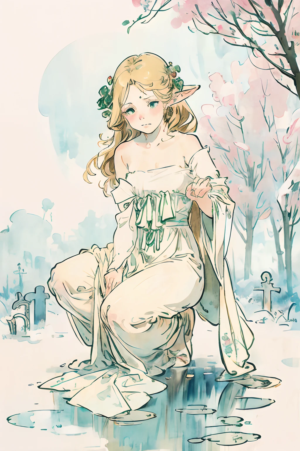 SFW,masutepiece, Best Quality, High resolution, 1girl in, Full body, Details Girl, detail hands, Detail fingers, Detail Face, detail legs, 1girl in, elf, Looking down, watercolor paiting, pale skin, Petite, Blonde hair, Long hair, Wavy Hair, saddened, mournful cry, Green eyes, tareme, medium breasts, white sundress, Bare back,girl apologize,sorry,in graveyard