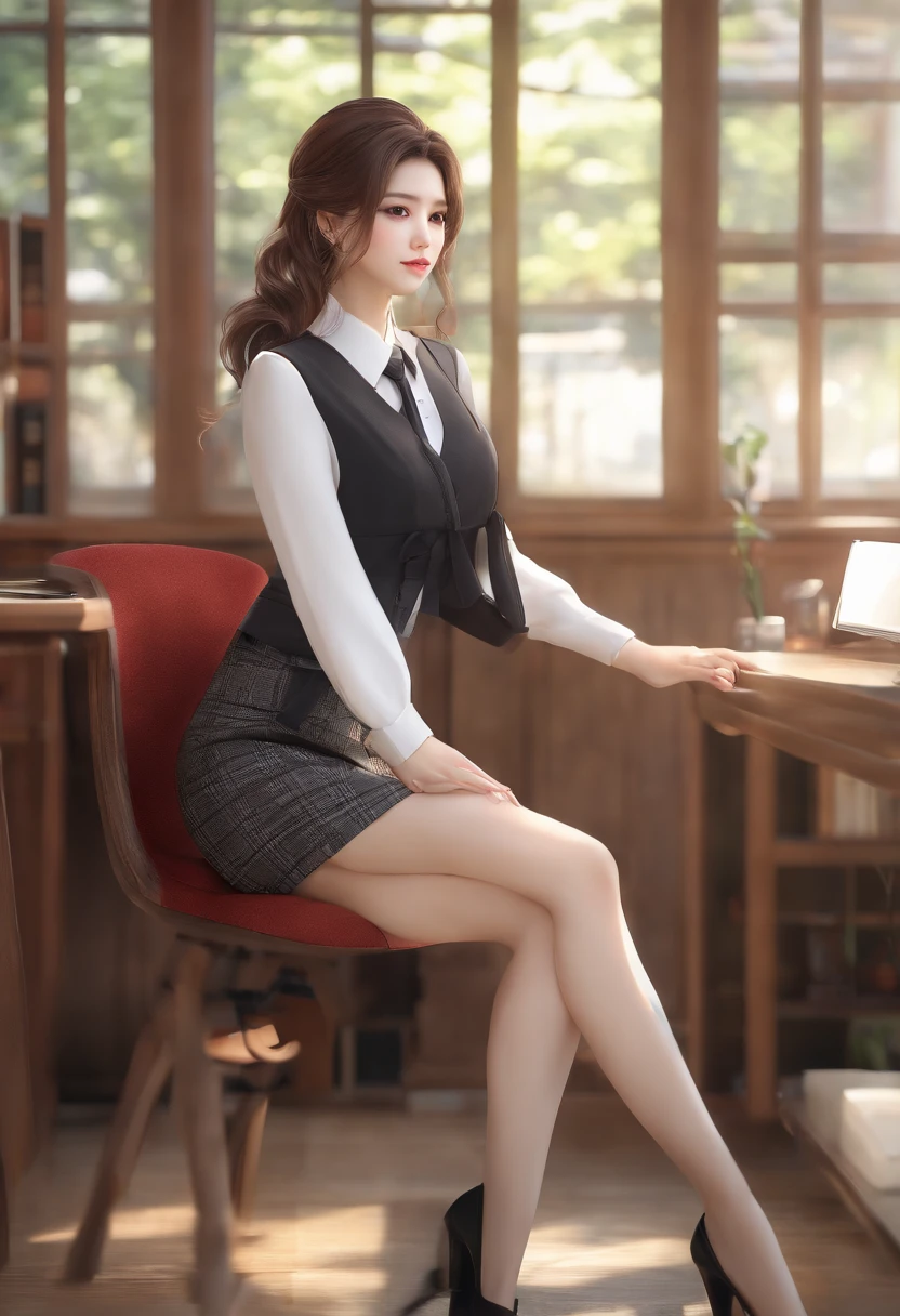 hightquality、top-quality、​masterpiece、8K、A hyper-realistic、Ridiculous、1 girl in、Perfect cute girl、cute little、s Office、Business suits、pencil skirts、red blush、poneyTail、mideum breasts、Clear skin、High transparency、(Slender and beautiful girl)、(Glossy)、sitting on、(Fluffy breasts、Cheating skirt:1.2)、