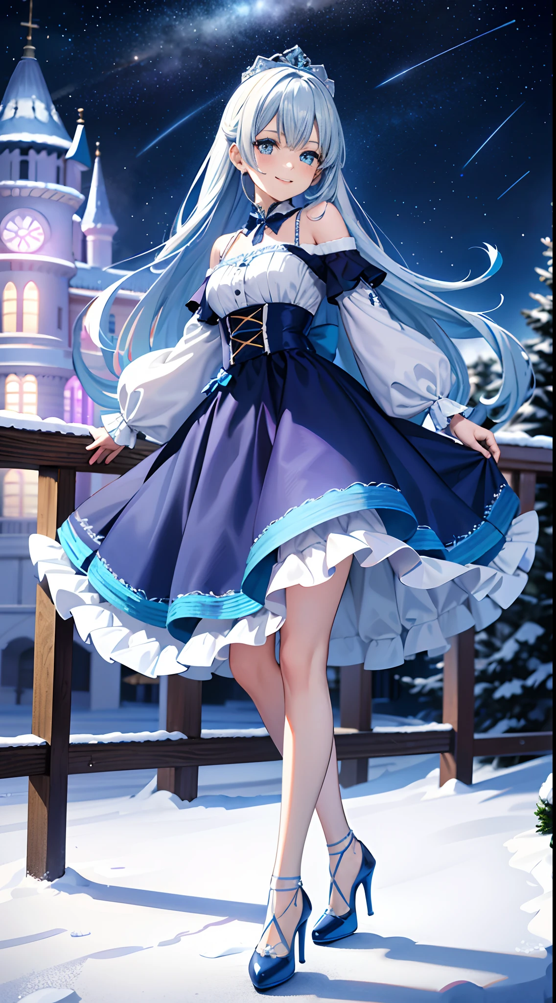 A teenage girl，adorable smiling、long, flowing blue hair，Blue gradient hair color，Wear a gorgeous lilac Lolita dress，high-heels、snowscape、Behind it is a silvery-white castle covered in snow，night starly sky，meteor shower，Galactic，Delicate facial features，Delicate costume depiction