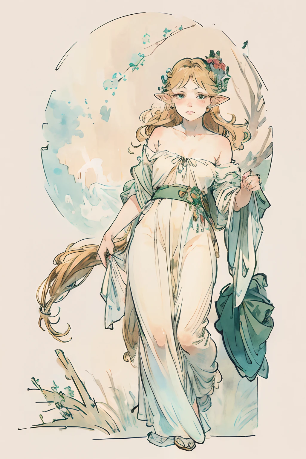 SFW,masutepiece, Best Quality, High resolution, 1girl in, Full body, Details Girl, detail hands, Detail fingers, Detail Face, detail legs, 1girl in, elf, Looking down, watercolor paiting, pale skin, Petite, Blonde hair, Long hair, Wavy Hair, saddened, mournful cry, Green eyes, tareme, medium breasts, white sundress, Bare back,girl apologize,sorry,in graveyard