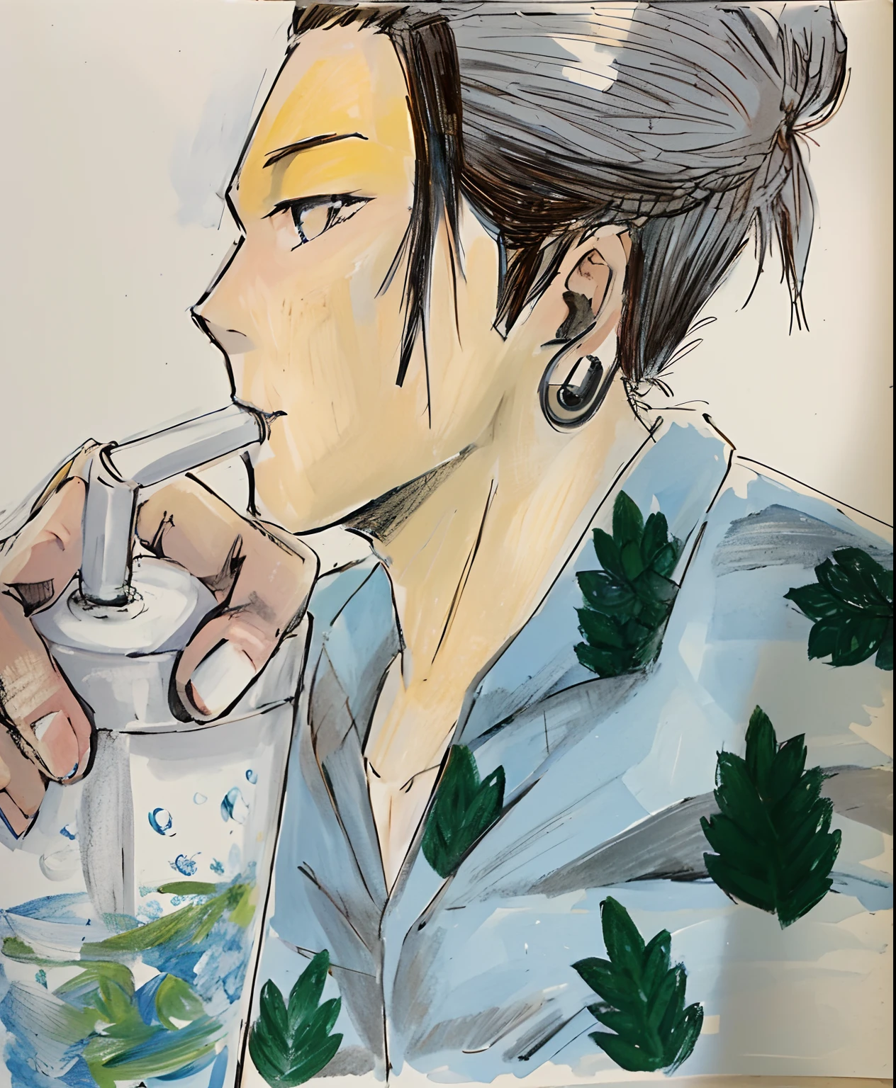 Painting of a man drinking a drink with straw and leafy plants, inspired by Itō Ogura Yonesuke, high quality colored sketch, Inspired by Yanagawa Nobusada, full color drawing, handsome guy in demon slayer art, pencil and ink manga drawing, colored drawing, Inspired by Masao Maeda, Inspired by Amano