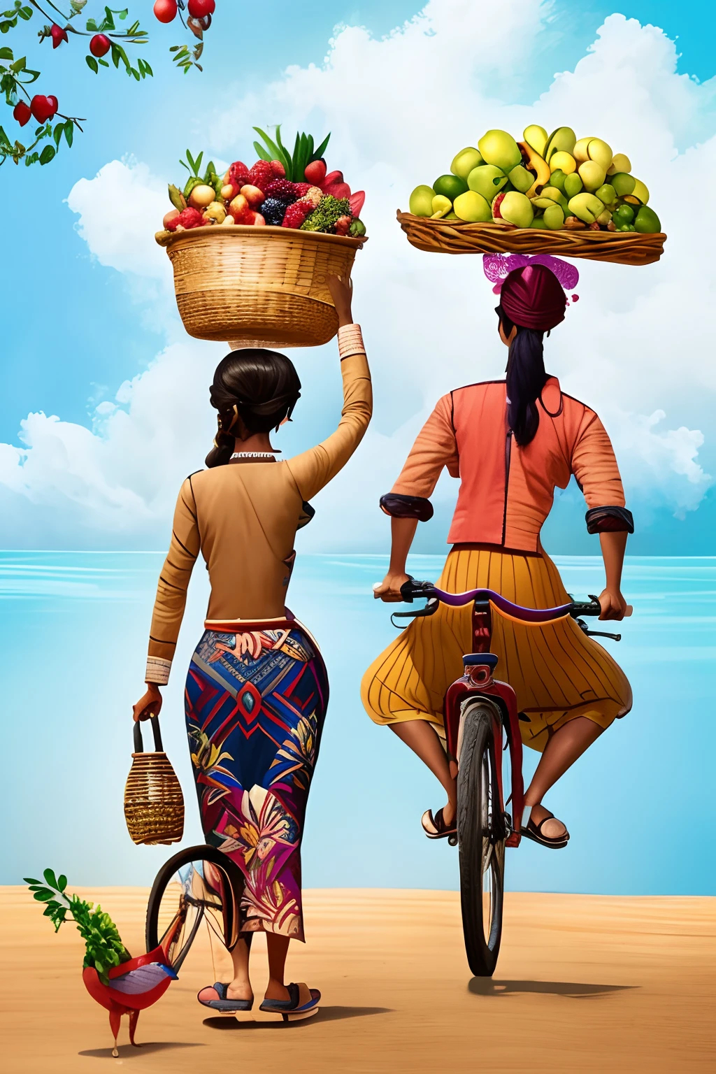 Painting of a woman on a bicycle with a basket of fruit on her head, Os ecos vibrantes do mercado, Directed by: Max Buri, Directed by: Camille-Pierre Pambu Bodo, pintura tradicional, pintura dital, Directed by: Pacita Abad, Directed by: Abidin Dino, por Ingrida Juniper, Directed by: Ruth Jên, por I Ketut sucos